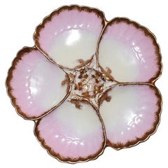 Pink Ceramic Majolica Oyster Serving Plate Limoges France circa 1891-1914