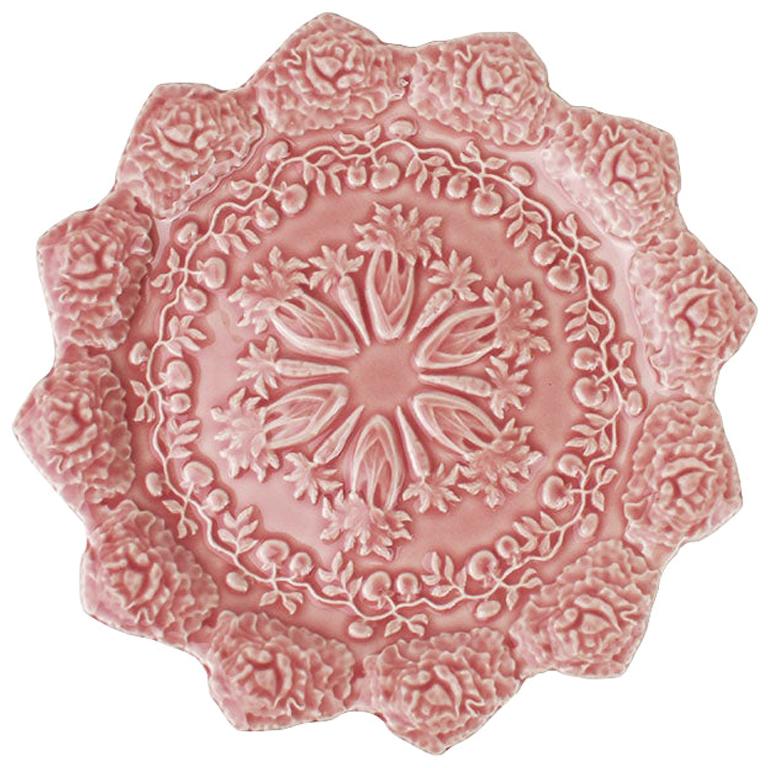 Pink Ceramic Majolica Spring Motif Plate by Rafael Bordallo Pinheiro, Portugal 
