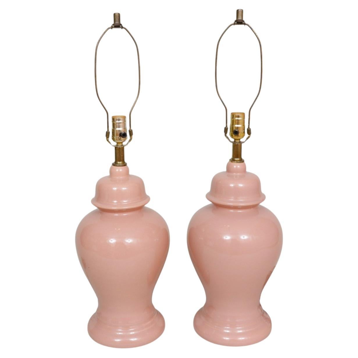 Paire de lampes de table à jarre en céramique rose