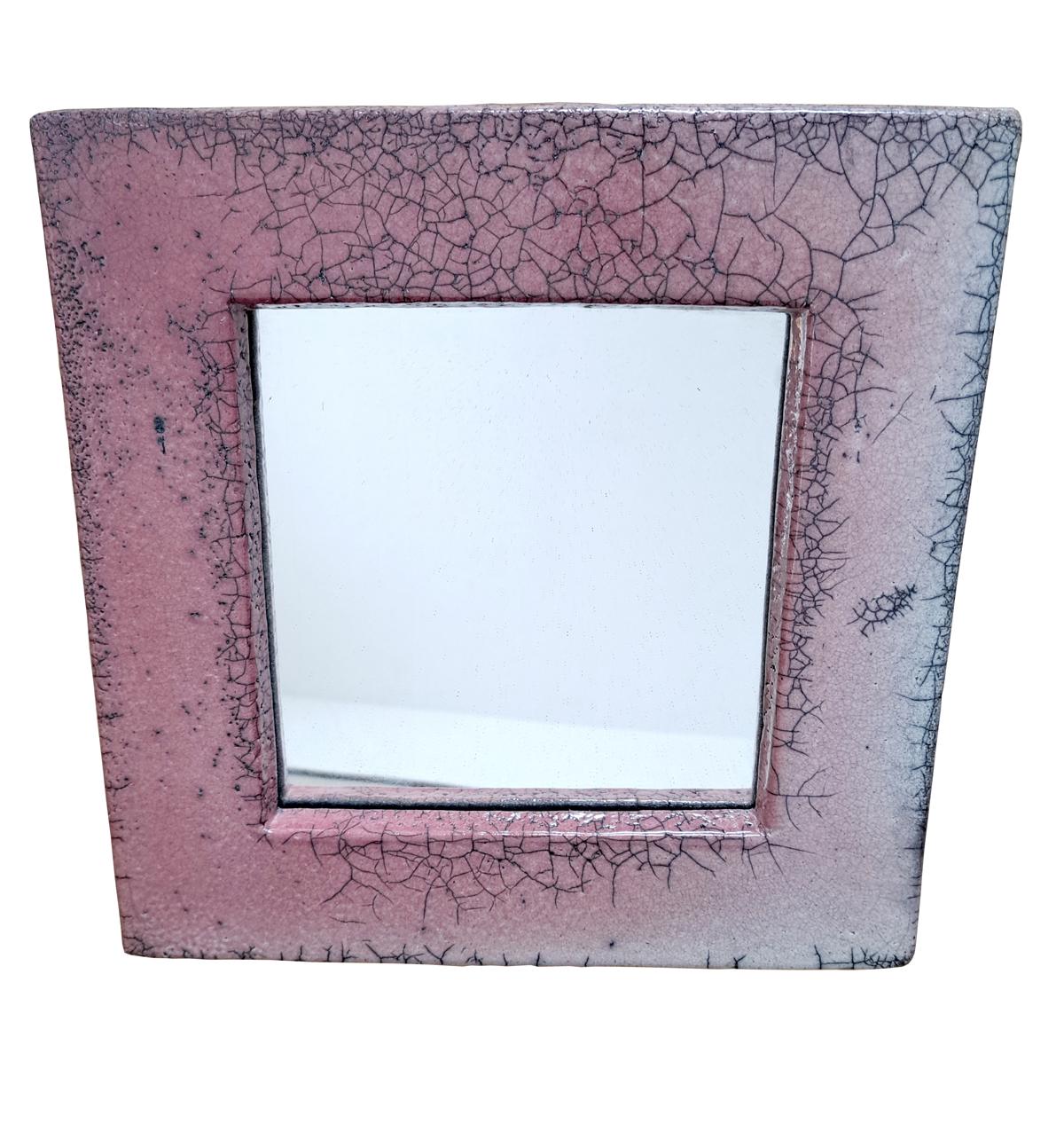 Mid-Century Modern Pink Ceramic Wall Mirror Enamel Glaze, France, circa 1970s For Sale