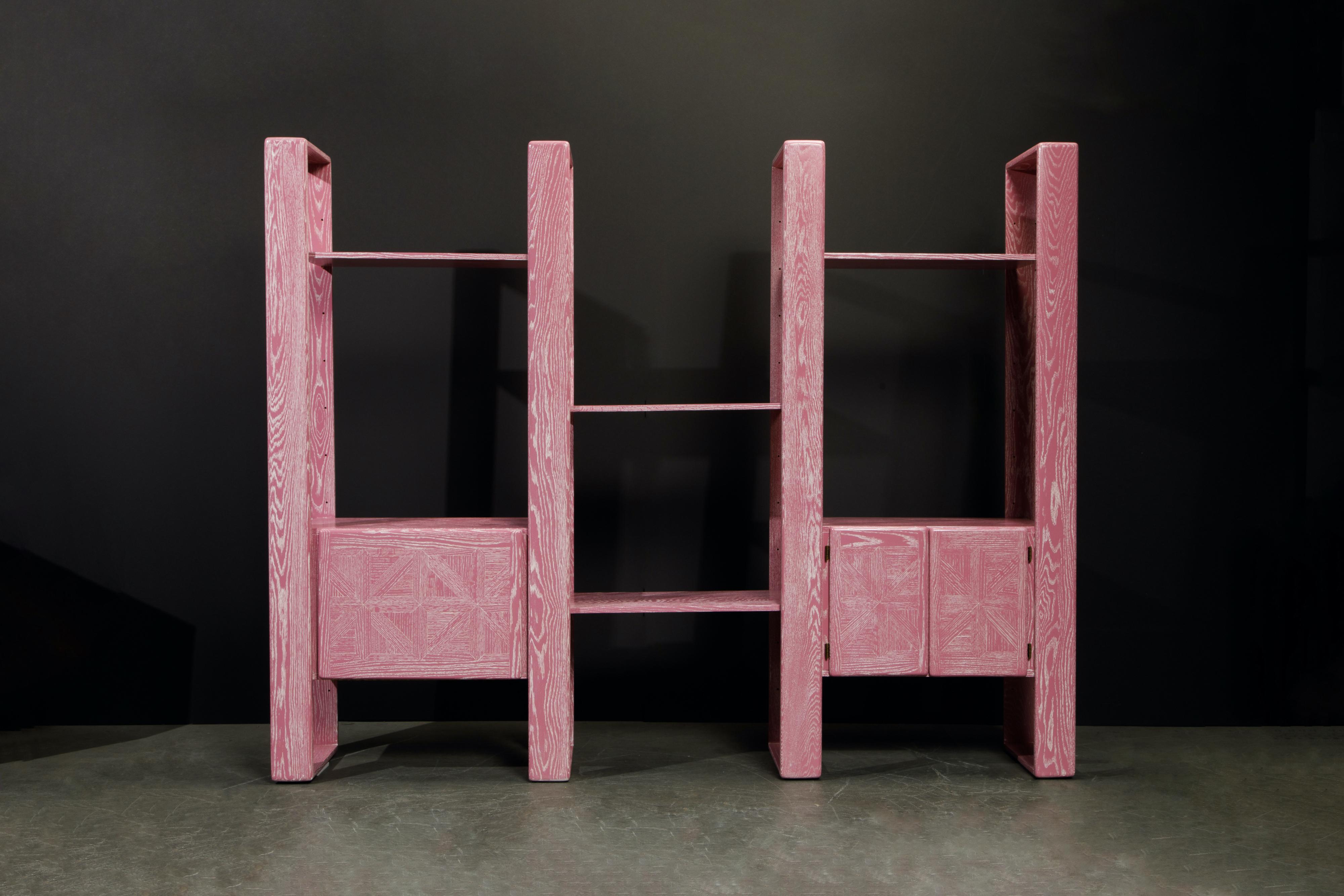 This absolute show-stopper modular bookcase refinished in gorgeous pink cerused oak is by Lou Hodges, designed and produced in California in the 1970s. You can configure this modular set in so many ways, also we have additional sections and shelves