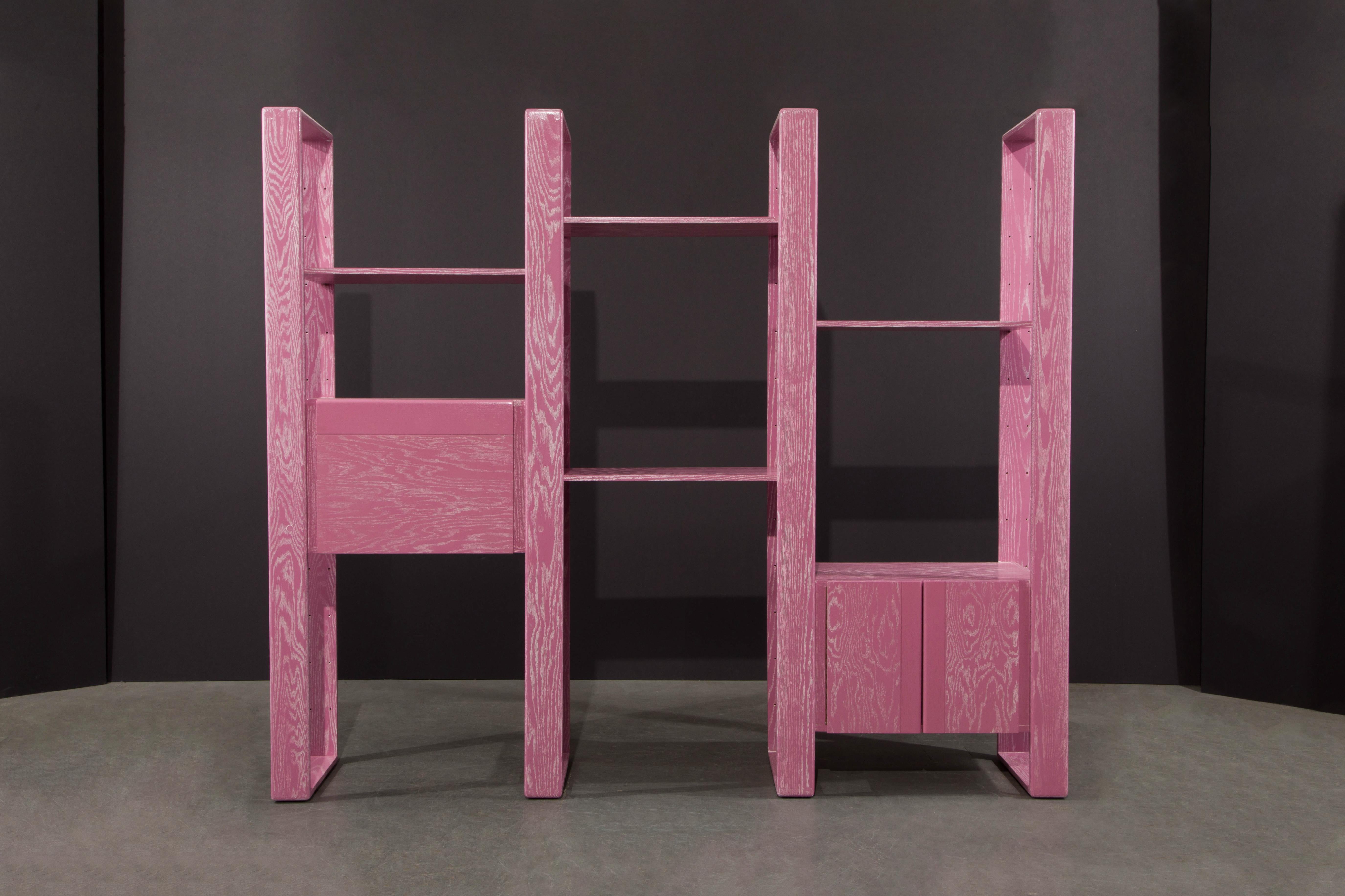This absolute statement piece of a modular bookcase refinished in gorgeous pink cerused oak is by Lou Hodges, designed and produced in California in the 1970s. You can configure this modular set in so many ways, also we have additional sections and