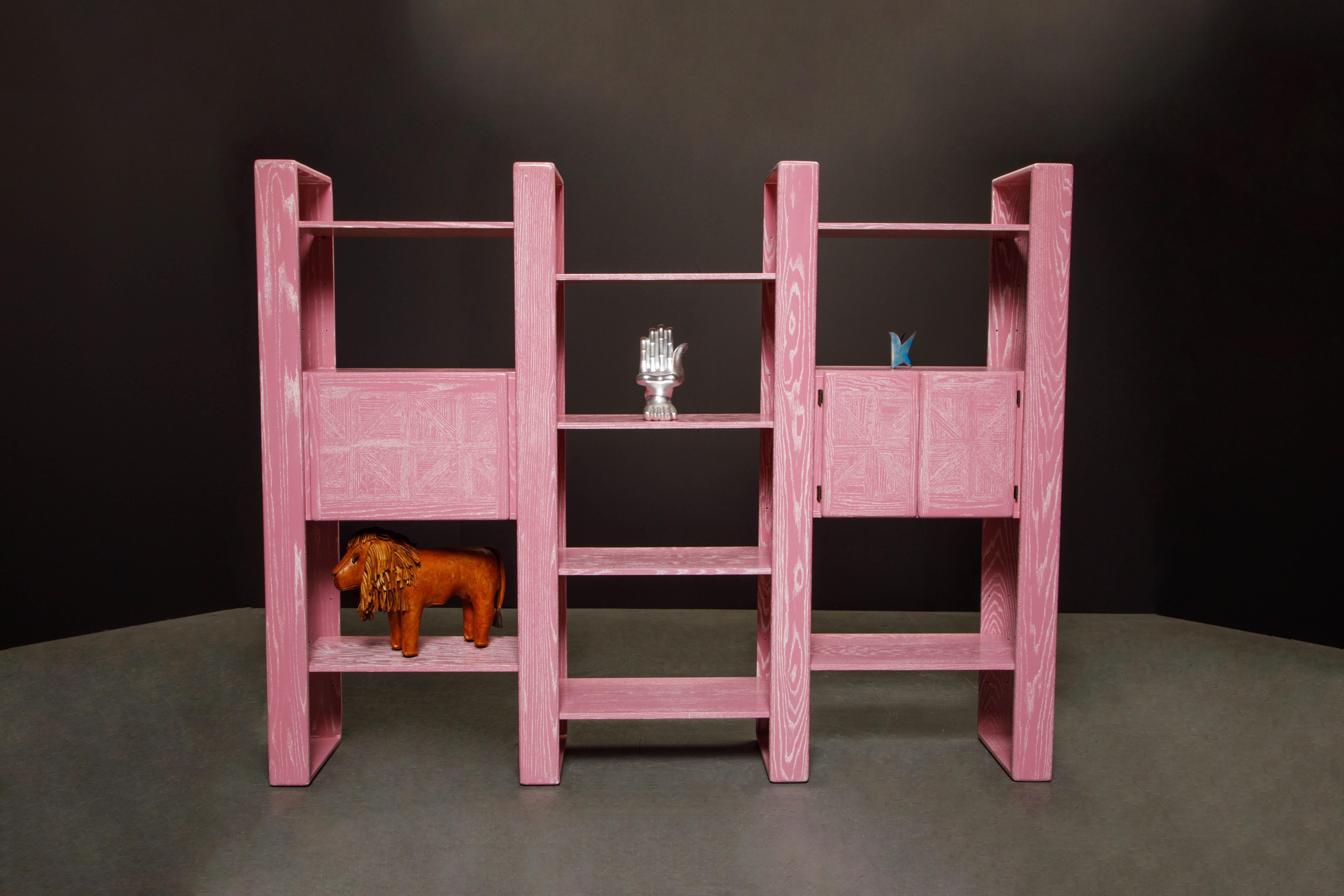 American Pink Cerused Oak Modular Bookcase Room Divider Wall Unit by Lou Hodges, 1970s 