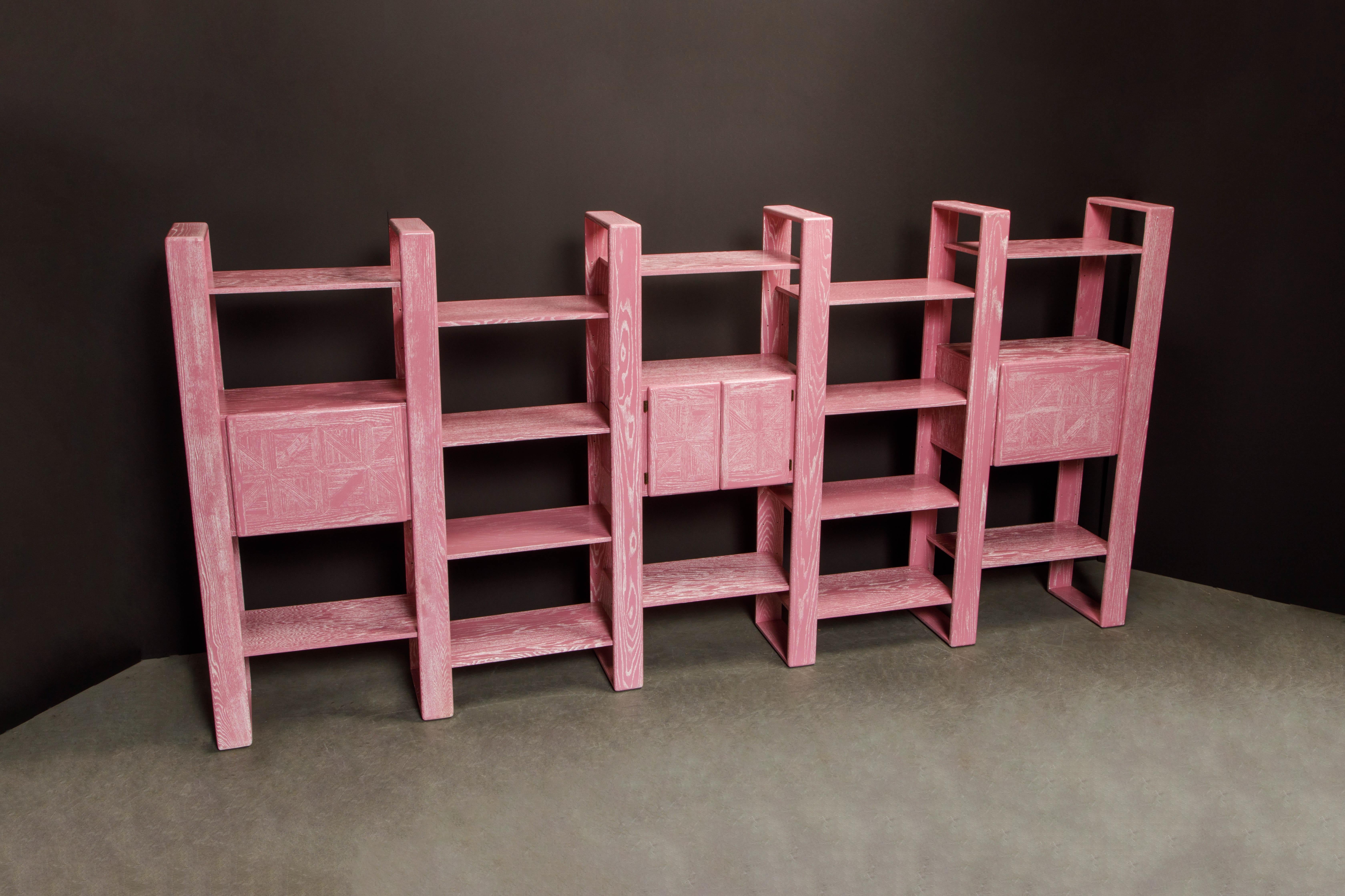 Pink Cerused Oak Modular Bookcase Room Divider Wall Unit by Lou Hodges, 1970s  In Excellent Condition In Los Angeles, CA