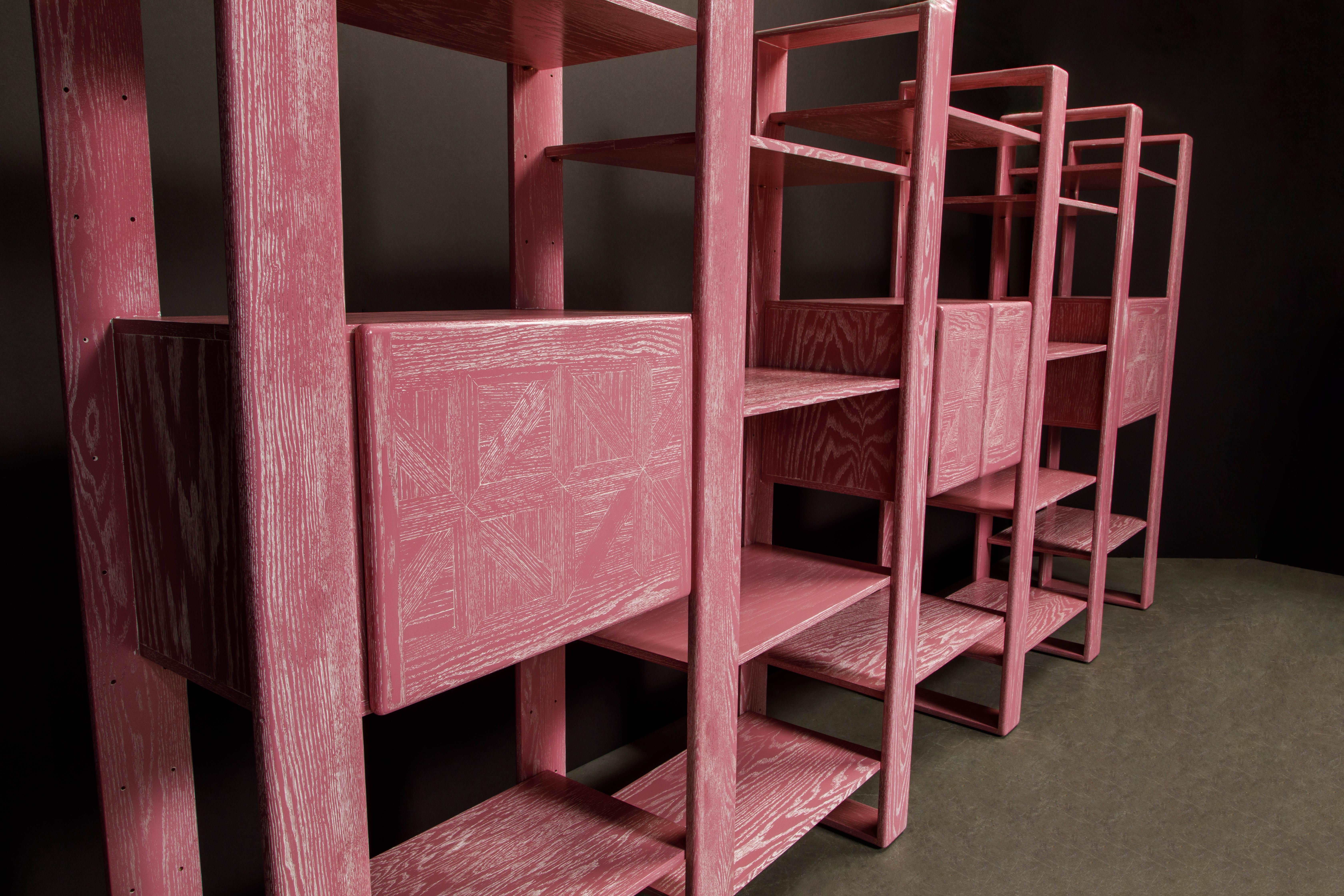 Pink Cerused Oak Modular Bookcase Room Divider Wall Unit by Lou Hodges, 1970s  1