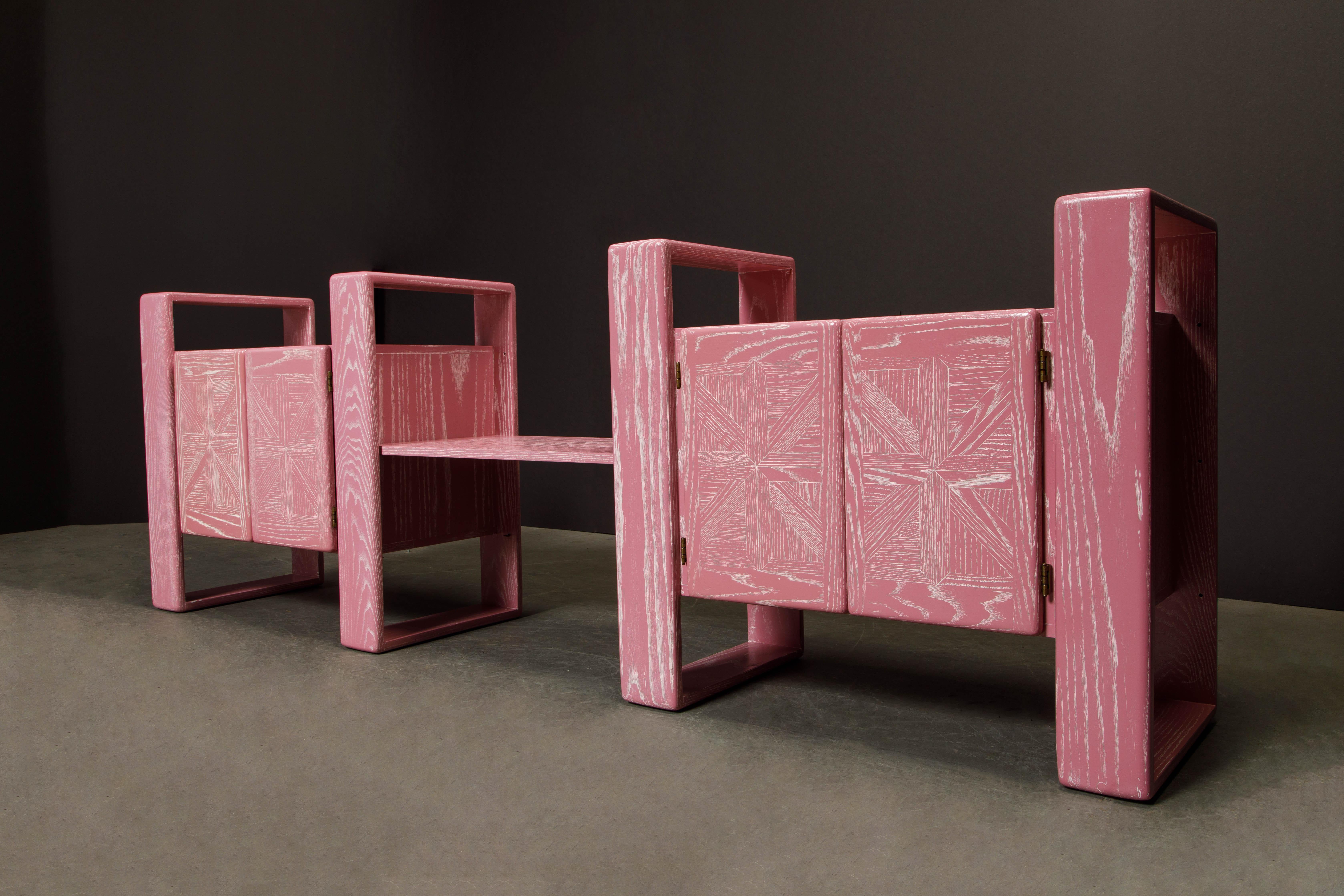 American Pink Cerused Oak Modular Media Console Cabinets by Lou Hodges, 1970s 