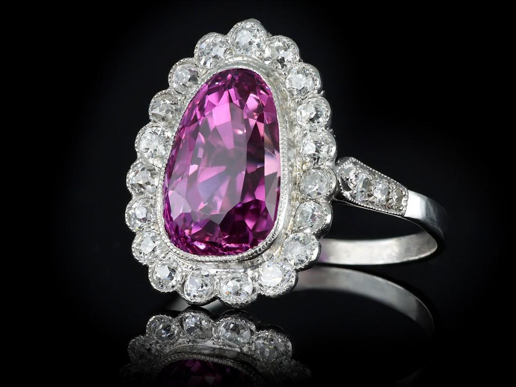 Pear Cut Pink Ceylon Sapphire and Diamond Coronet Cluster Ring, circa 1915 For Sale