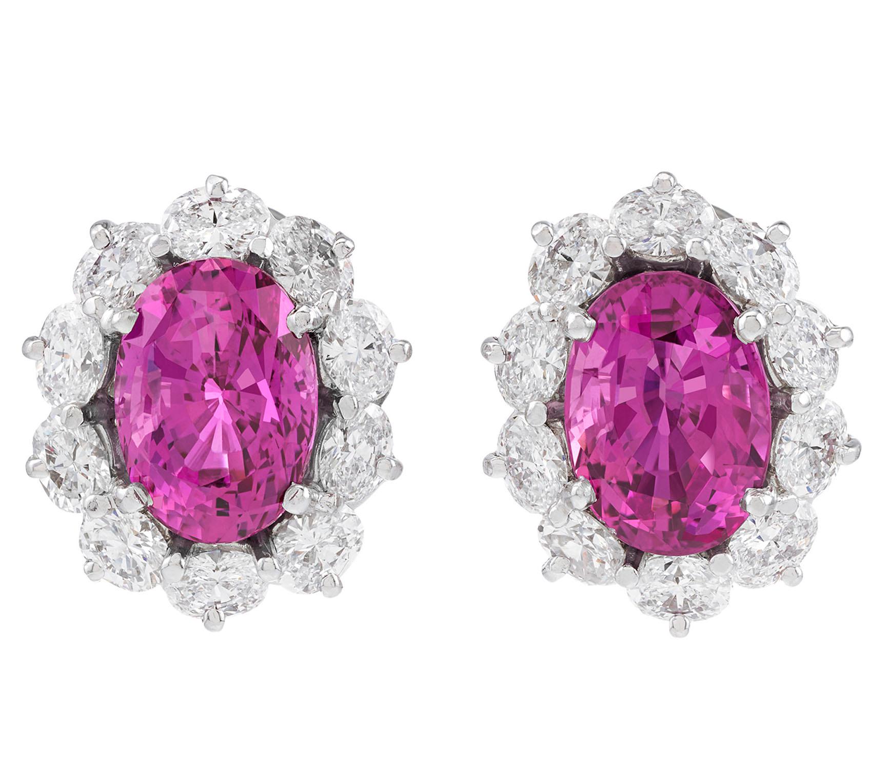 Vivid color and incredible transparency set these untreated pink Ceylon sapphires apart from all others. Weighing a combined 9.30 carats, these oval, modified brilliant-cut jewels are certified by Gübelin Gem Lab to have no indications of heat