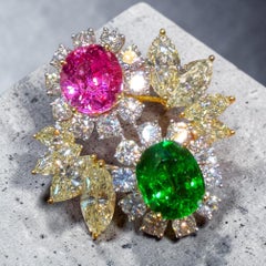 Pink Sapphire & Tsavorite Diamond Toi et Moi Ring 5.68 Carats Diamonds Pt950