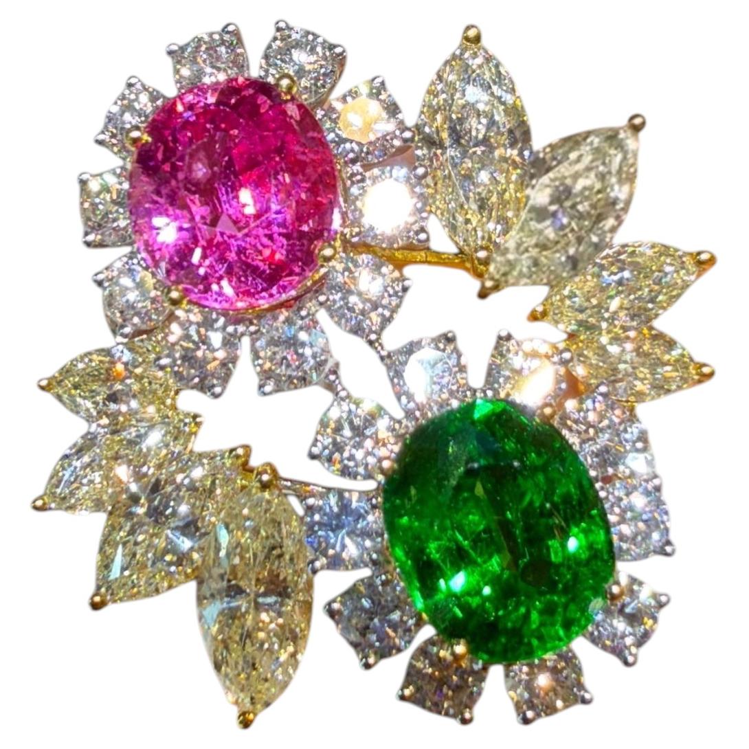 Bague « Toi et Moi » avec saphir rose et tsavorite, diamants de 5,68 carats, platine 950
