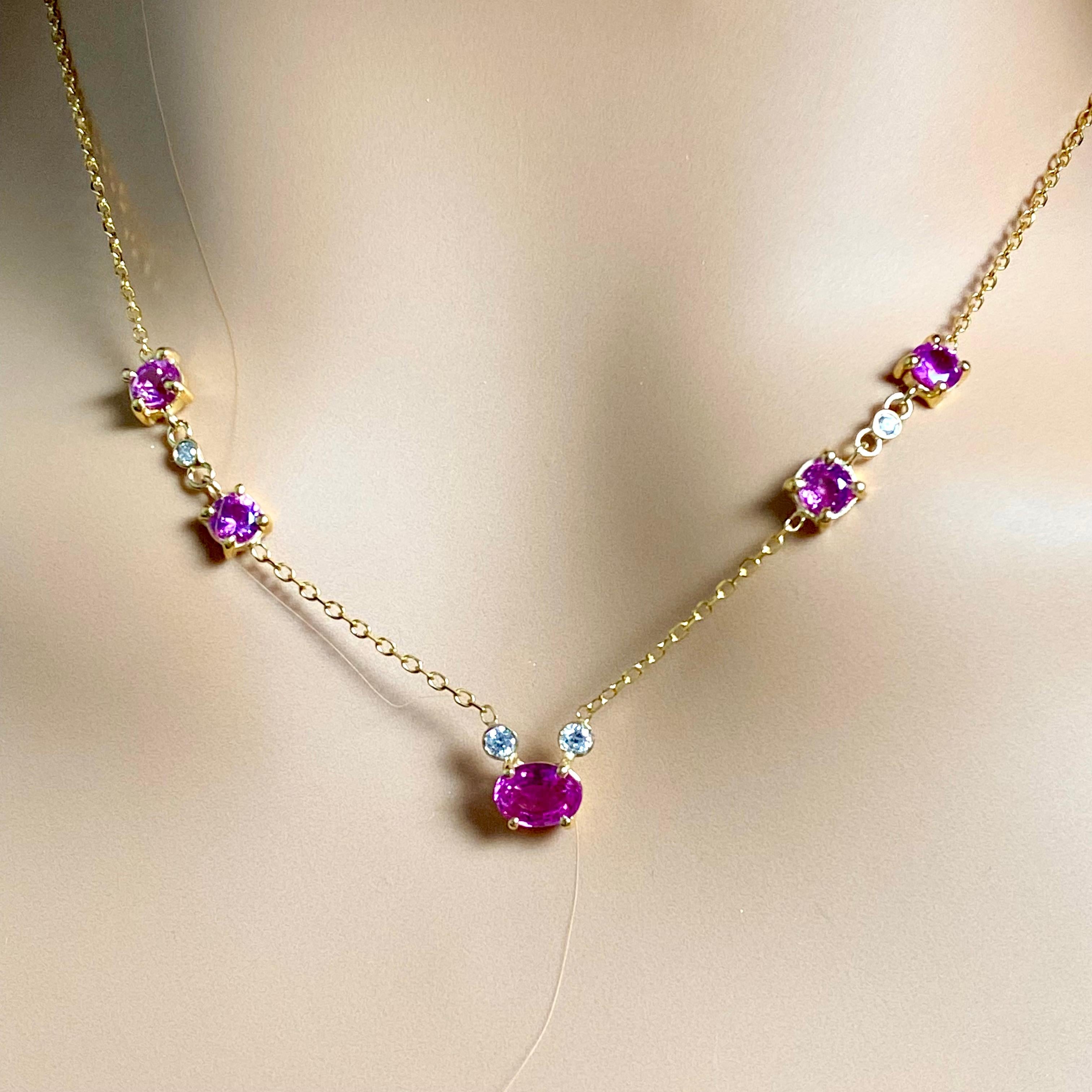 Pink Ceylon Sapphires Diamonds 2.82 Carat 18 Inch Yellow Gold Necklace For Sale 6