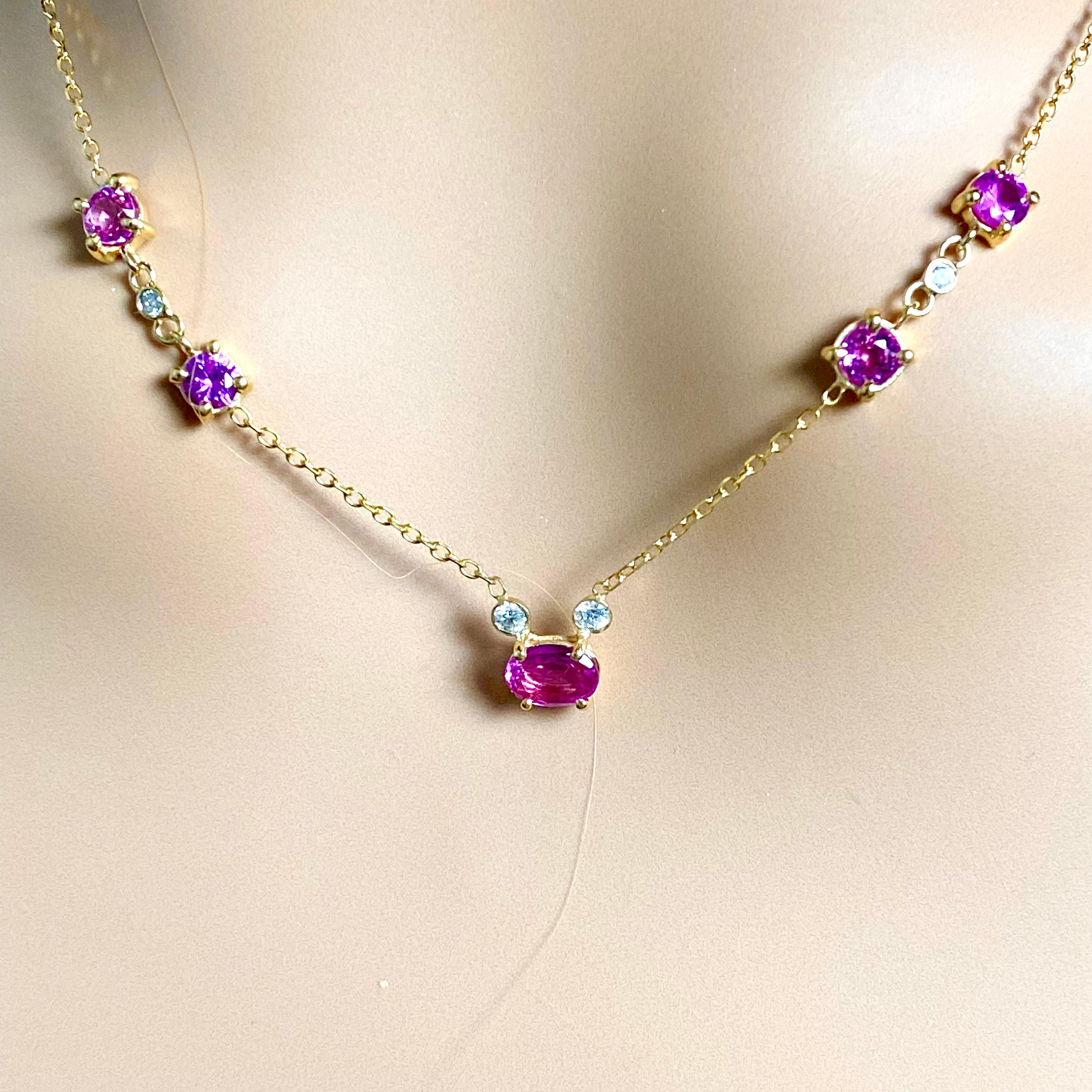 Oval Cut Pink Ceylon Sapphires Diamonds 2.82 Carat 18 Inch Yellow Gold Necklace