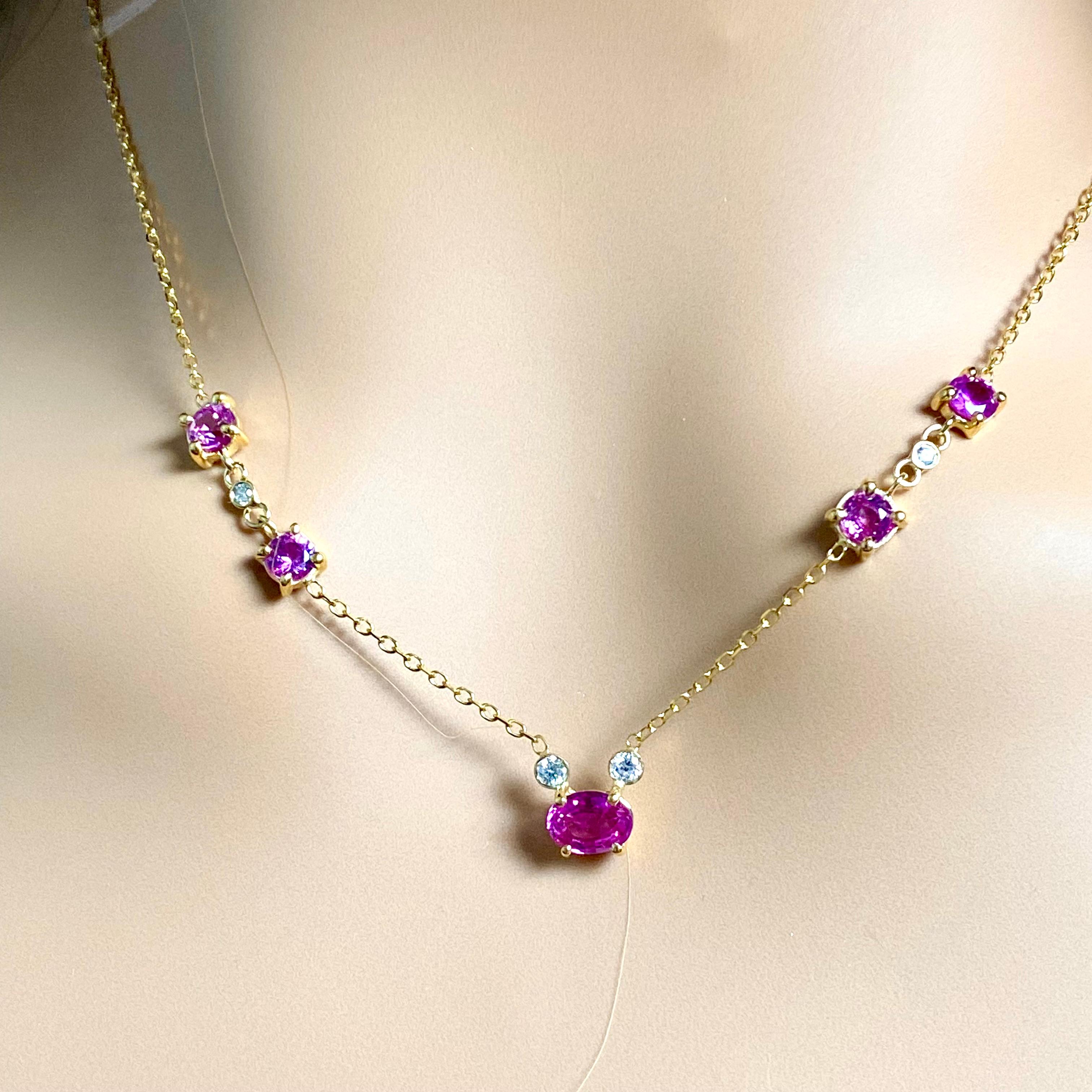 Pink Ceylon Sapphires Diamonds 2.82 Carat 18 Inch Yellow Gold Necklace In New Condition In New York, NY