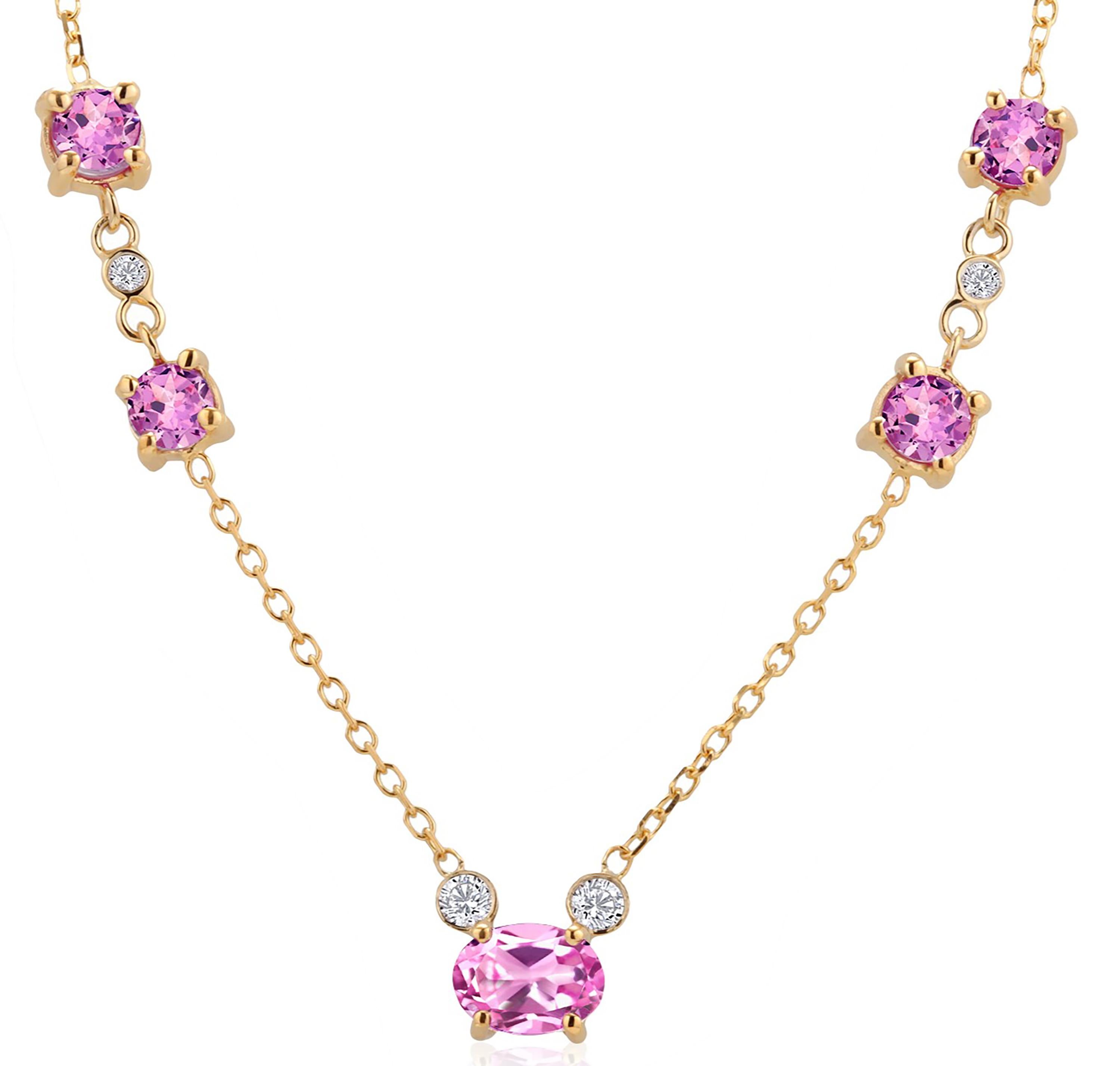 Pink Ceylon Sapphires Diamonds 2.82 Carat 18 Inch Yellow Gold Necklace 1
