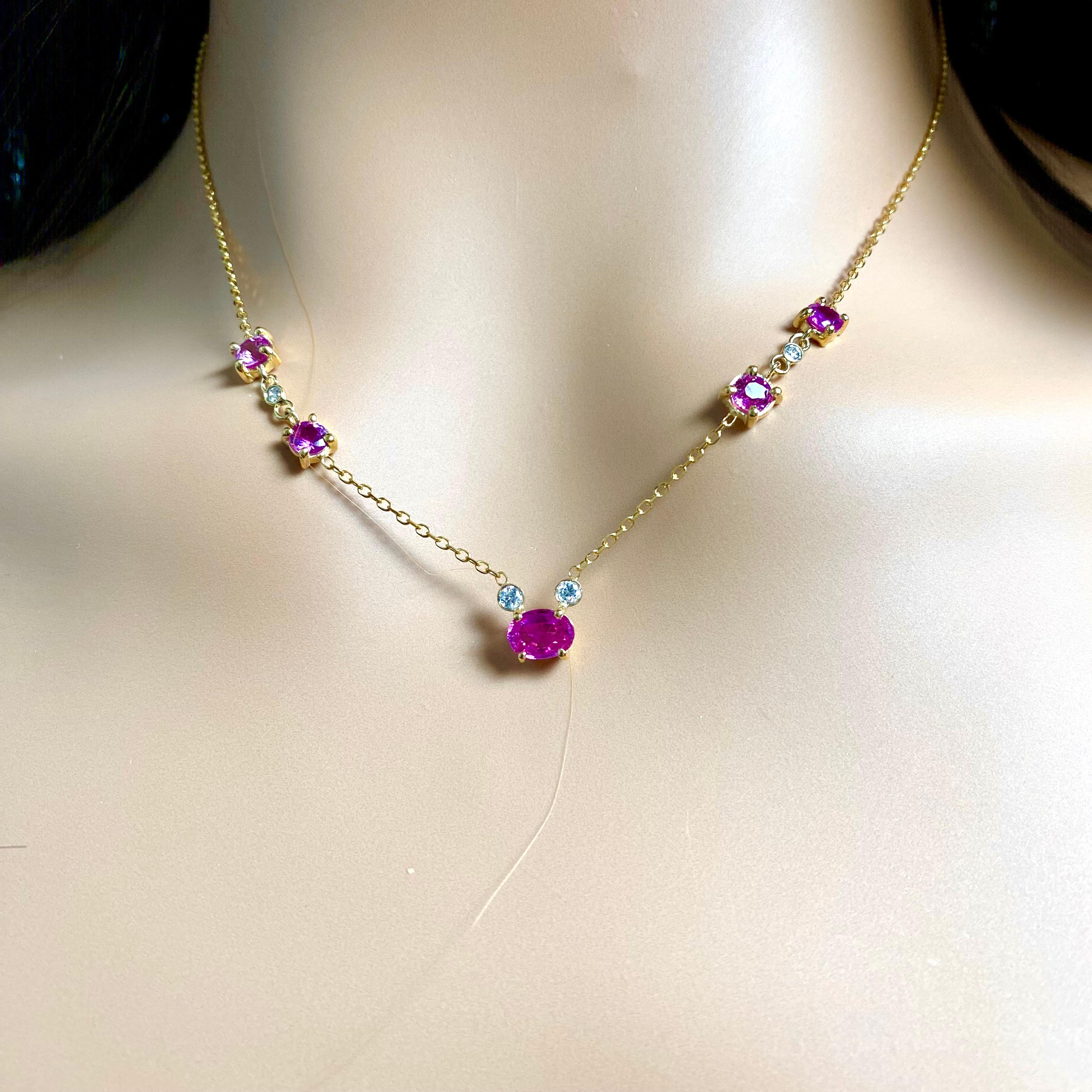 Pink Ceylon Sapphires Diamonds 2.82 Carat 18 Inch Yellow Gold Necklace For Sale 3