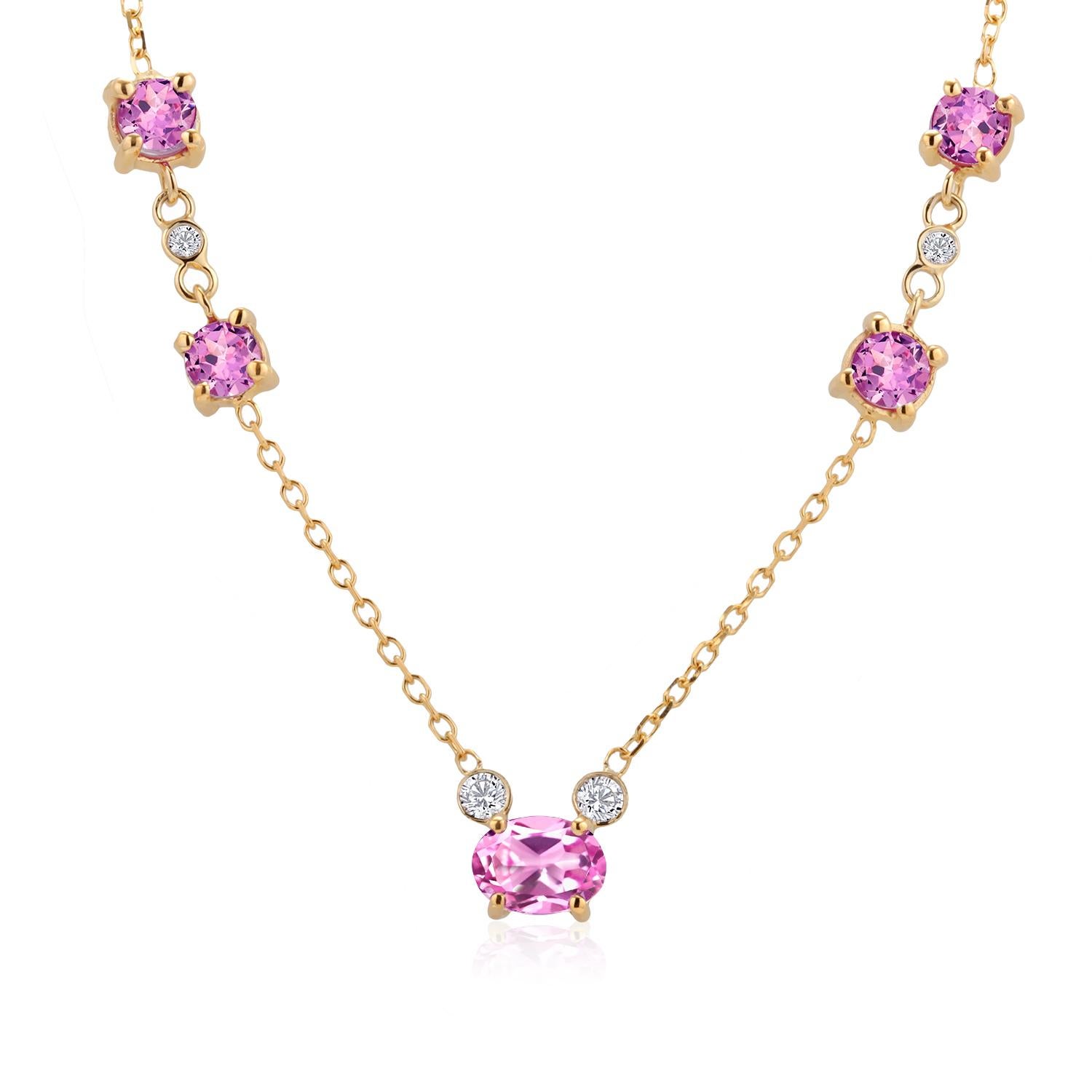 Pink Ceylon Sapphires Diamonds 2.82 Carat 18 Inch Yellow Gold Necklace 4