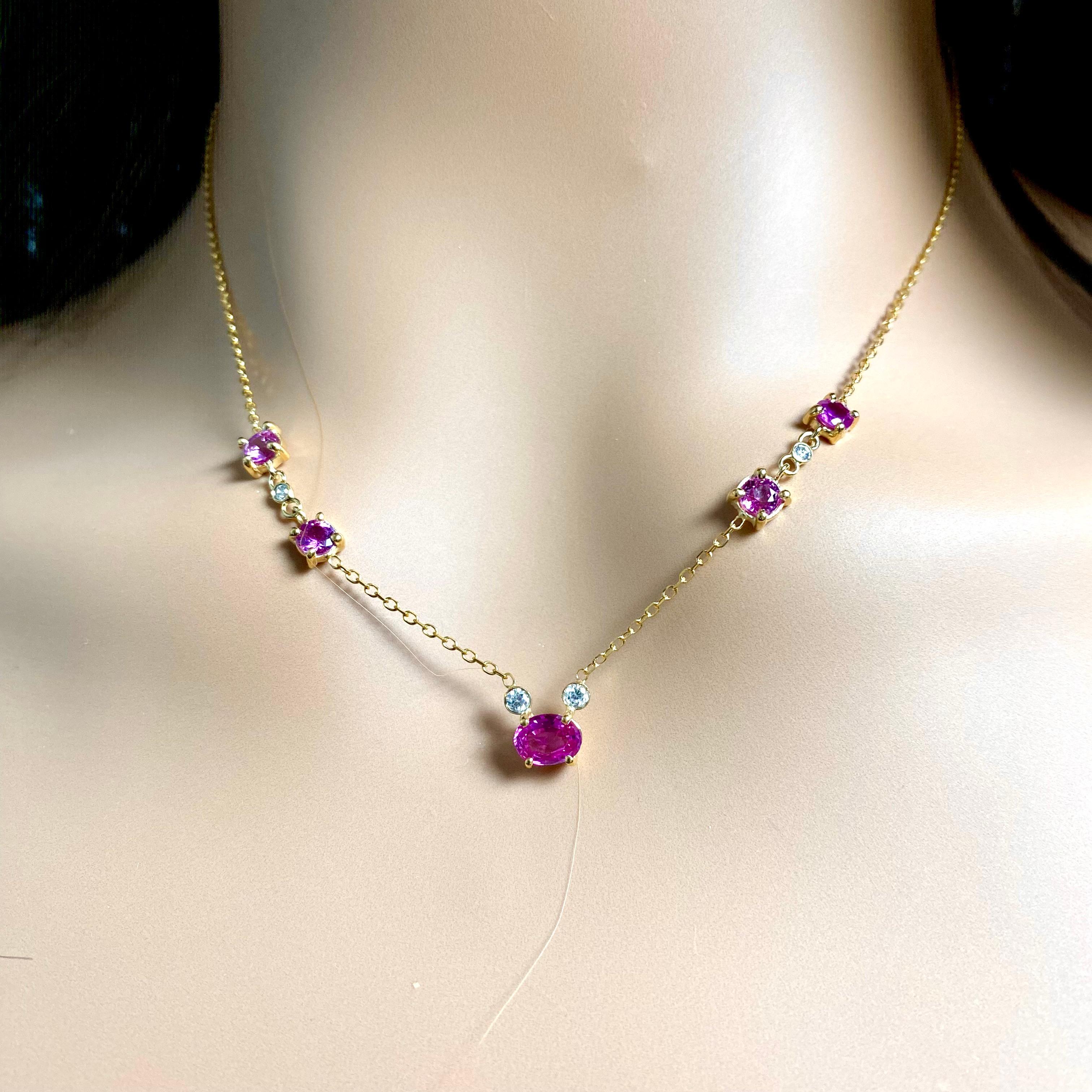 Pink Ceylon Sapphires Diamonds 2.82 Carat 18 Inch Yellow Gold Necklace For Sale 5