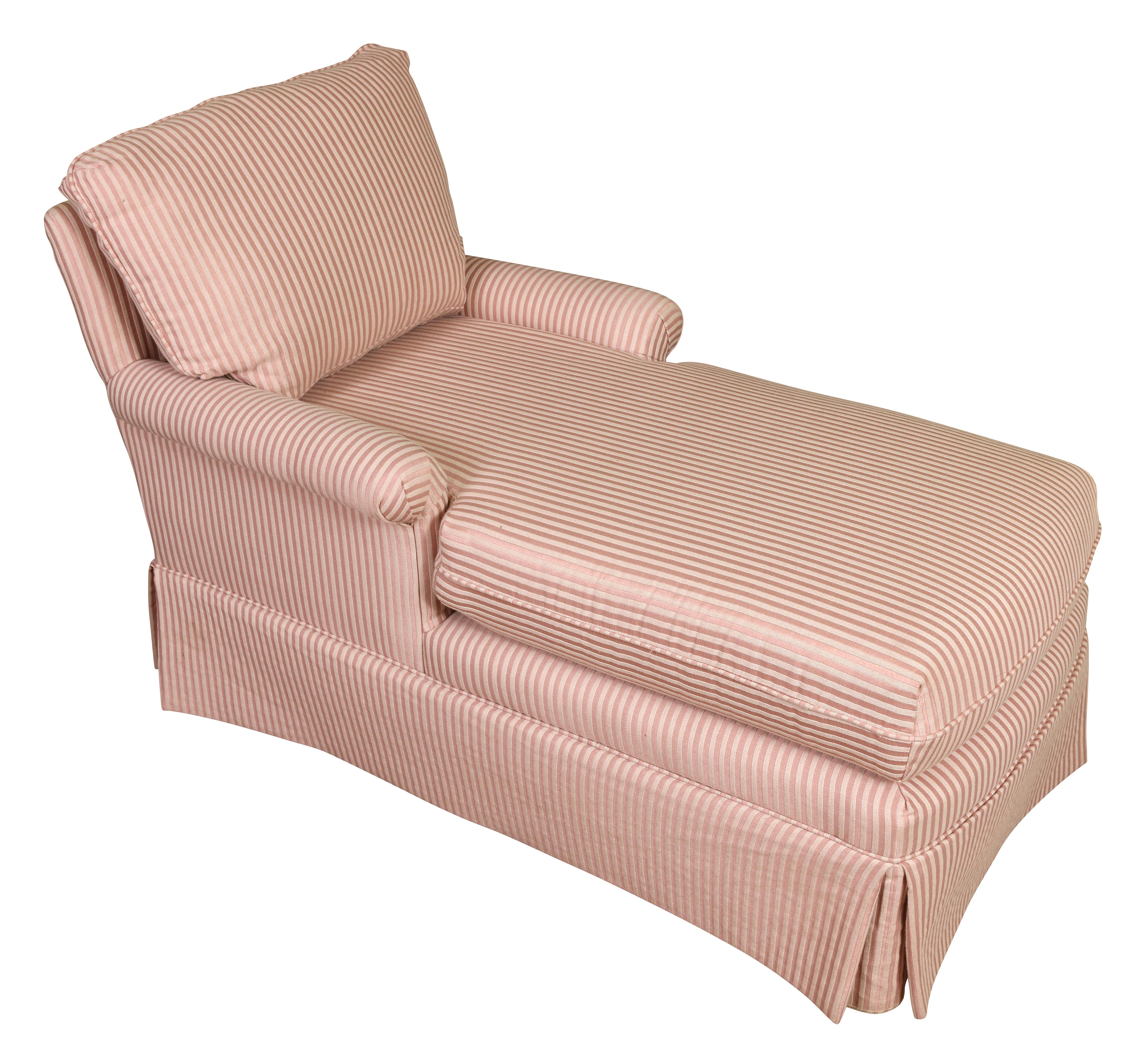 We love the perfect proportion of this charming little chaise longue. Covered in a pale pink chintz, the piece features rounded arms, a pleated skirt and a loose back cushion. A great addition to a bedroom, dressing room, or the corning of a living