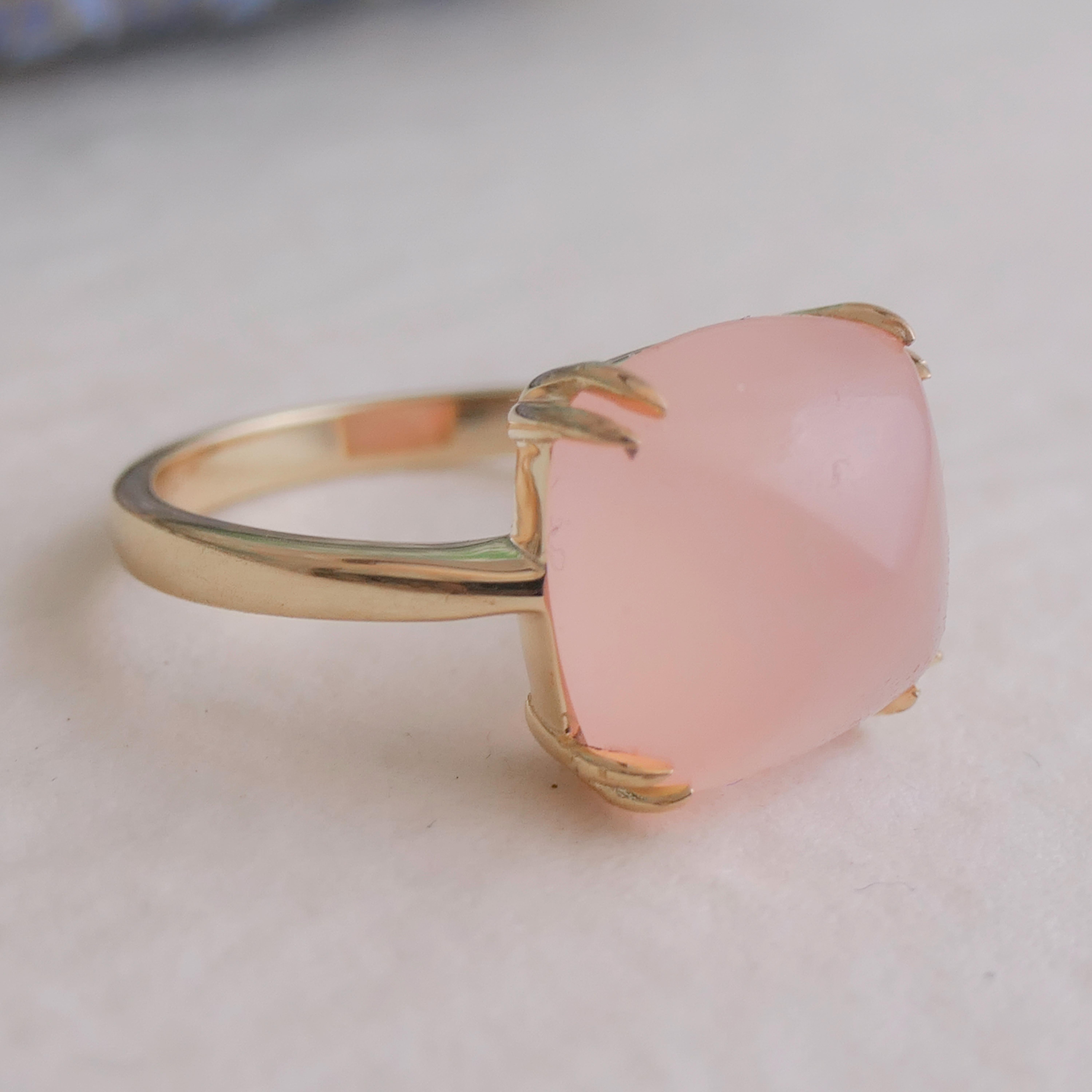 Sugarloaf Cabochon Pink Chalcedony Sugar Loaf Gold Plated Sterling Silver Ring For Sale