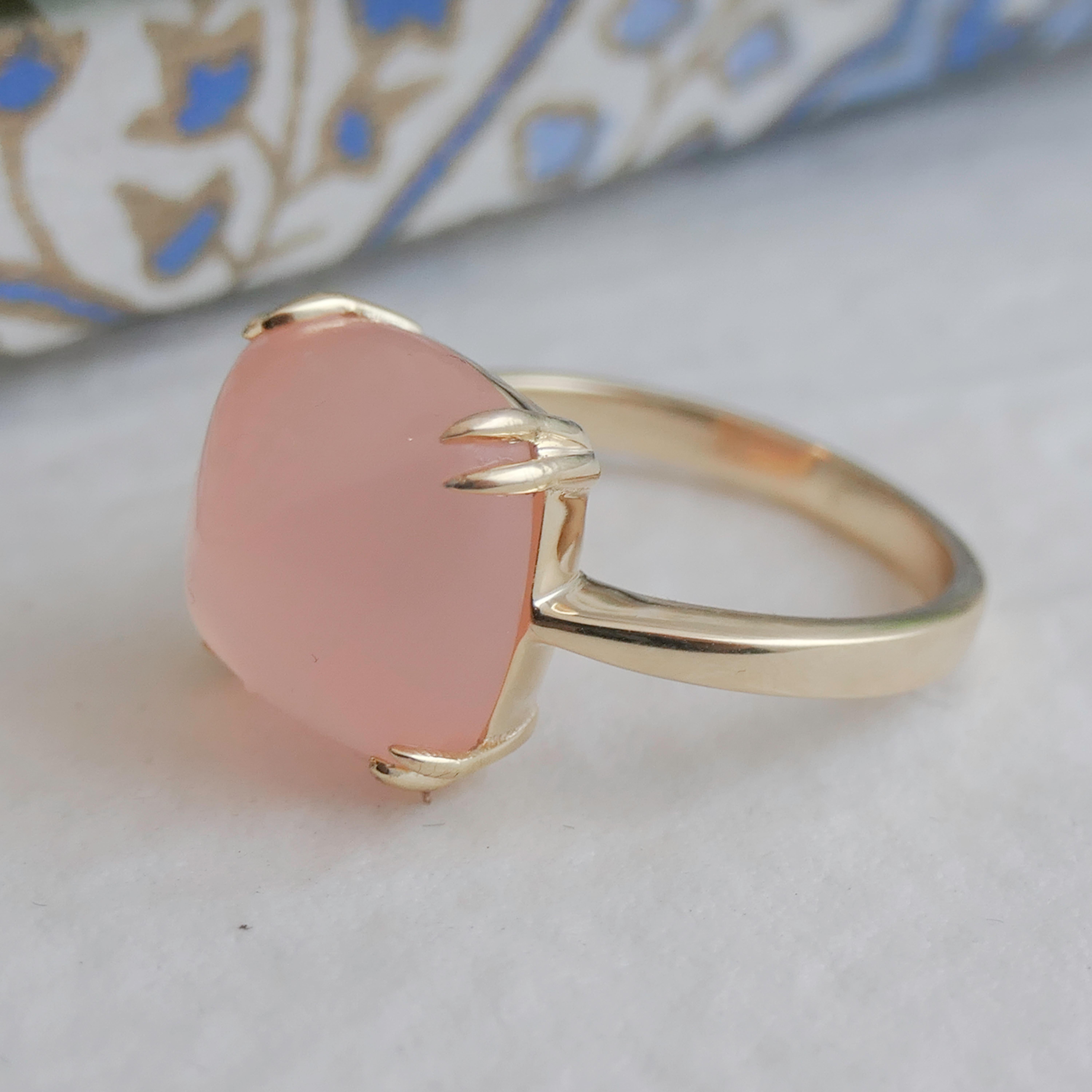 Pink Chalcedony Sugar Loaf Gold Plated Sterling Silver Ring For Sale 1