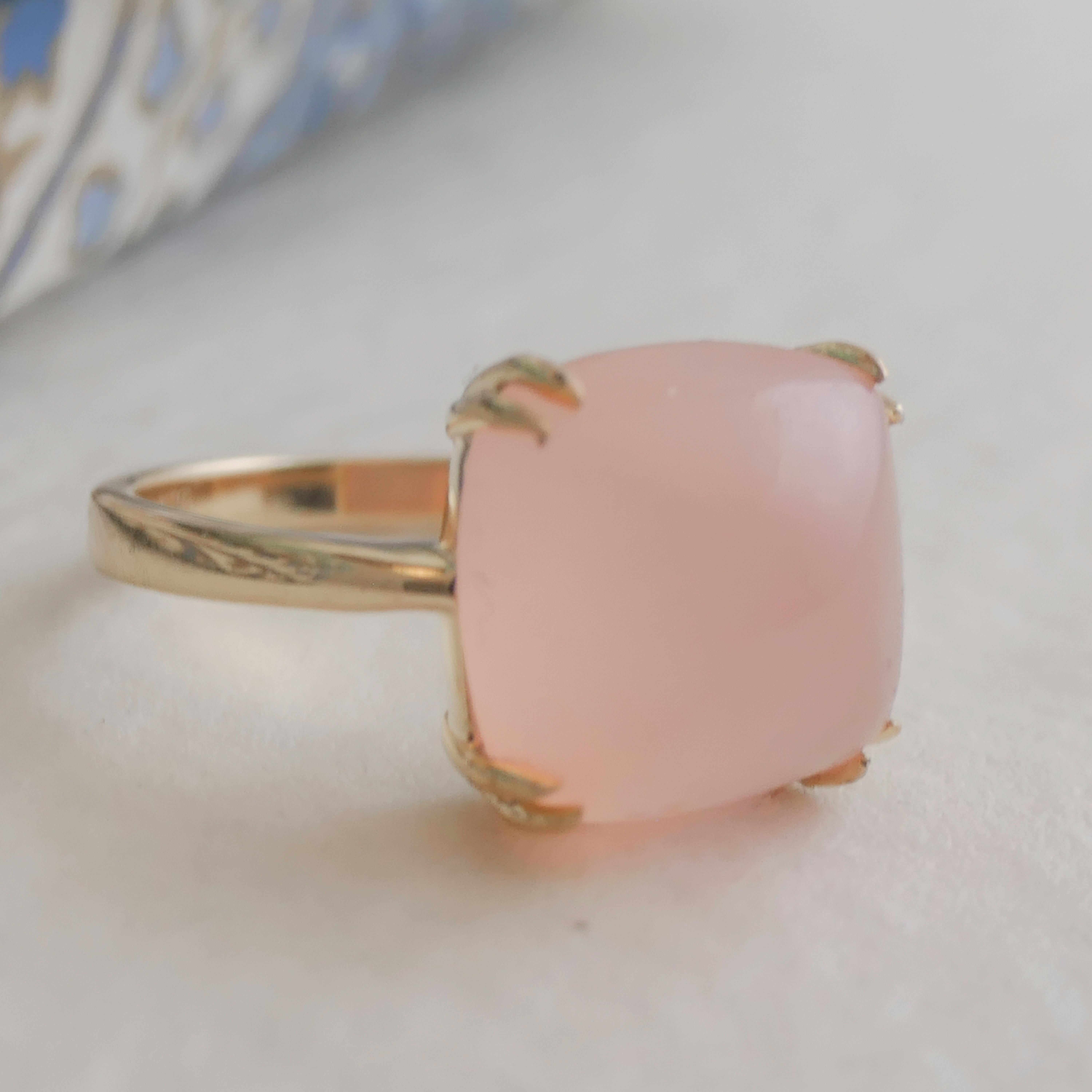 Pink Chalcedony Sugar Loaf Gold Plated Sterling Silver Ring For Sale 3