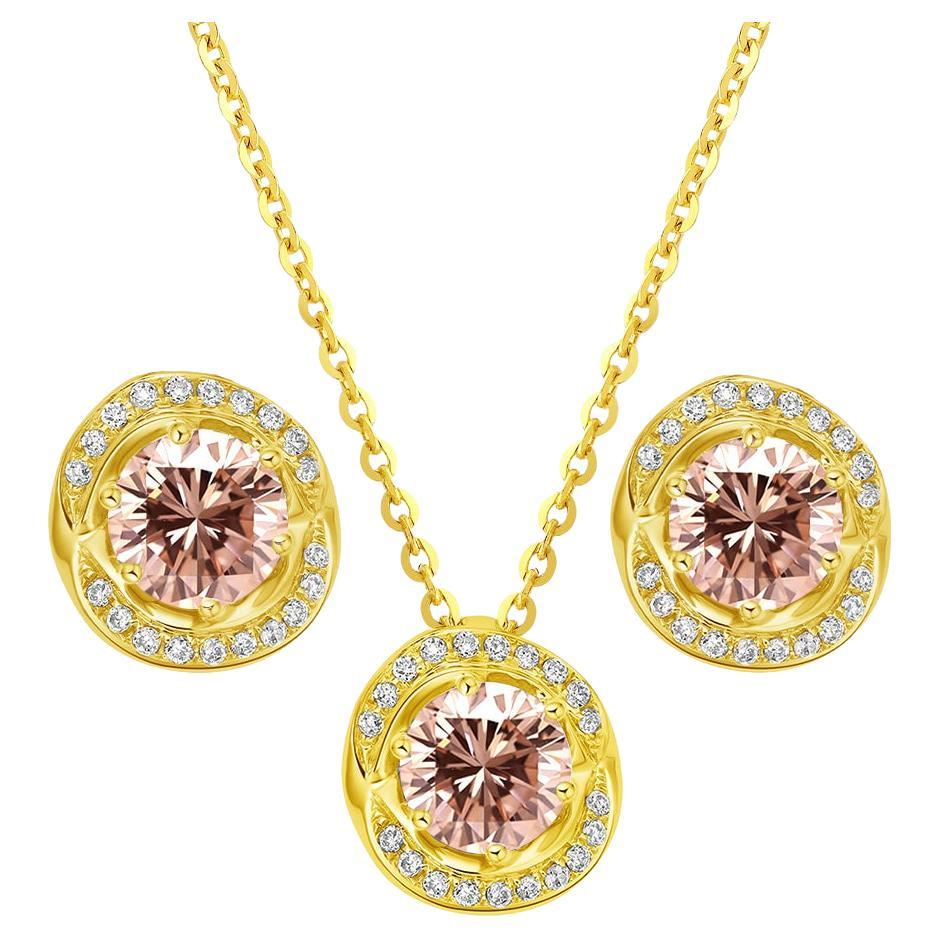 Pink Champagne Diamond 18 Karat Gold Pendant and Earrings Set For Sale