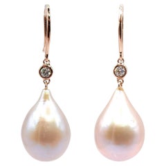 Pink Champagne Teardrop Baroque Pearl Diamond Drop Earrings in 18K Rose Gold