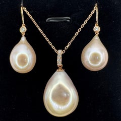 Pink Champagne Teardrop Baroque Pearl Diamond Necklace & Earrings Set 18K RG
