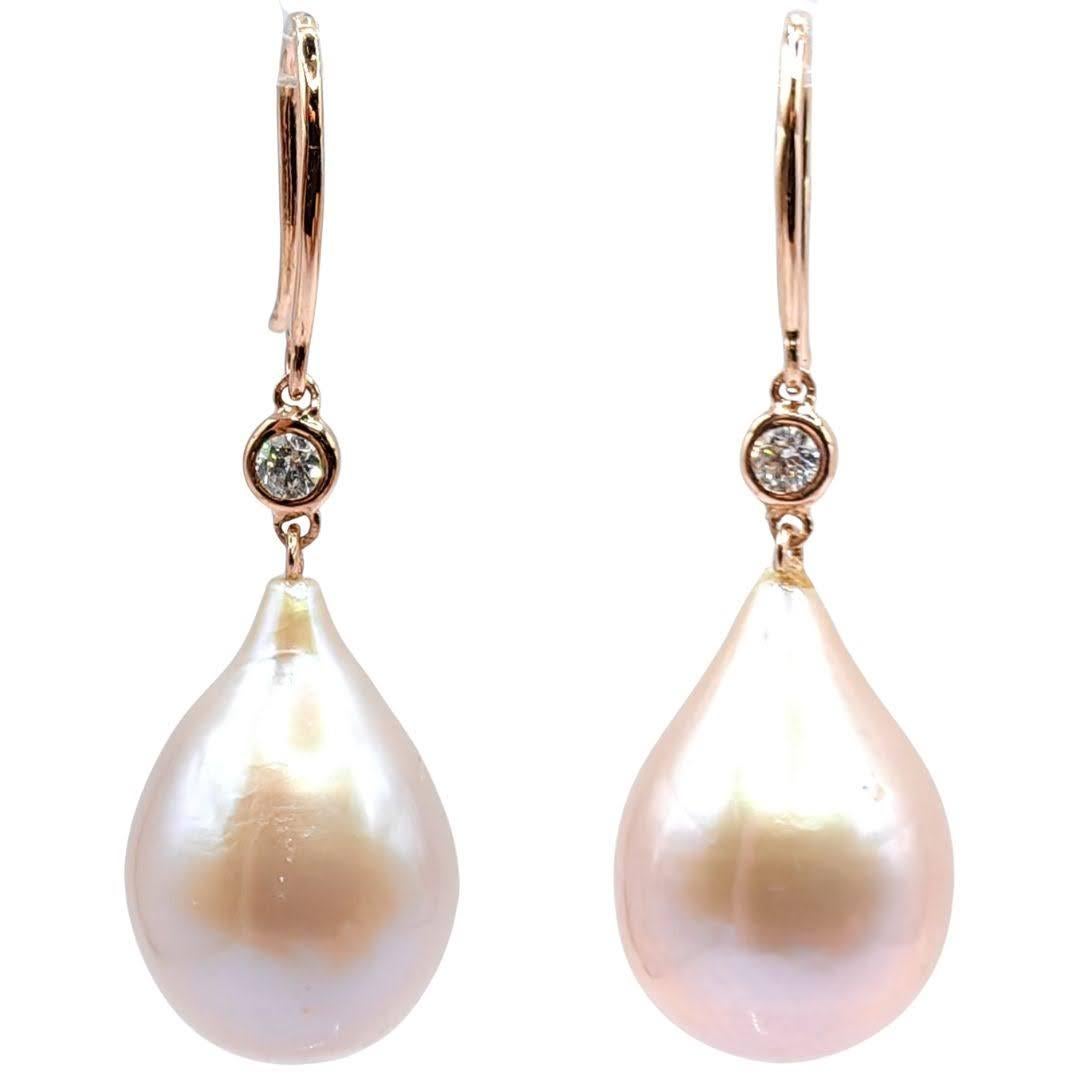 Contemporain Pink Champagne Teardrop Baroque Pearl Diamond Necklace & Earrings Set 18K RG en vente
