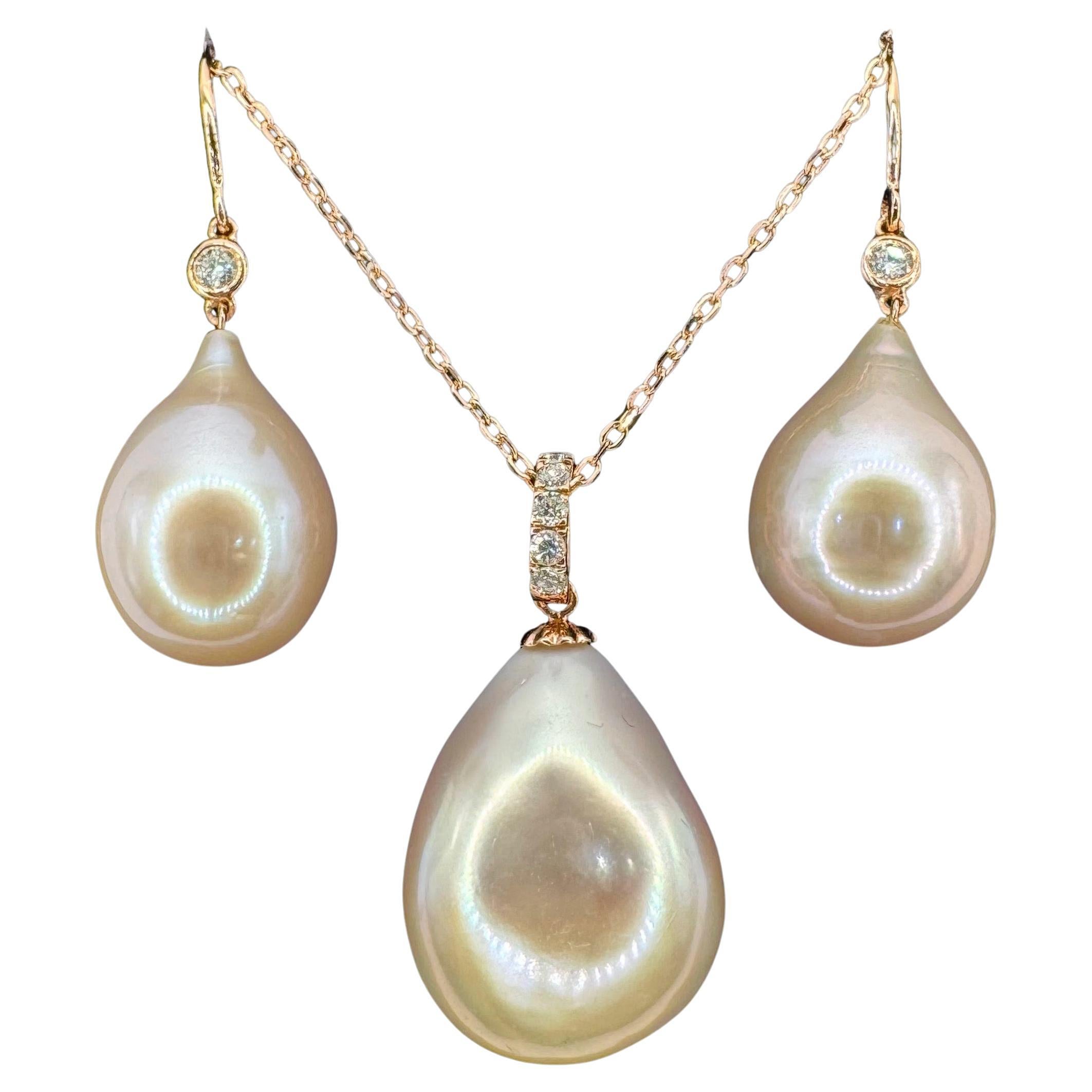 Pink Champagne Teardrop Baroque Pearl Diamond Necklace 
Earrings Set 18K RG
