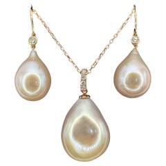Pink Champagne Teardrop Baroque Pearl Diamond Necklace 
Earrings Set 18K RG