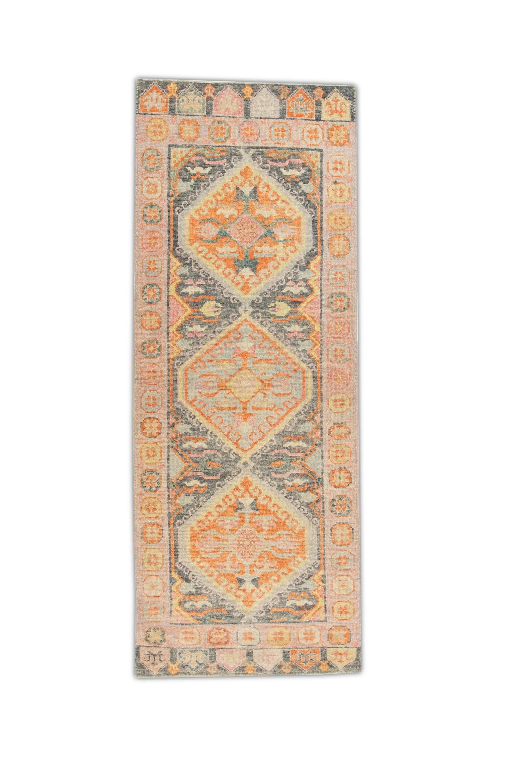 Contemporary Pink & Charcoal Handwoven Wool Turkish Oushak Runner 3' x 7'11