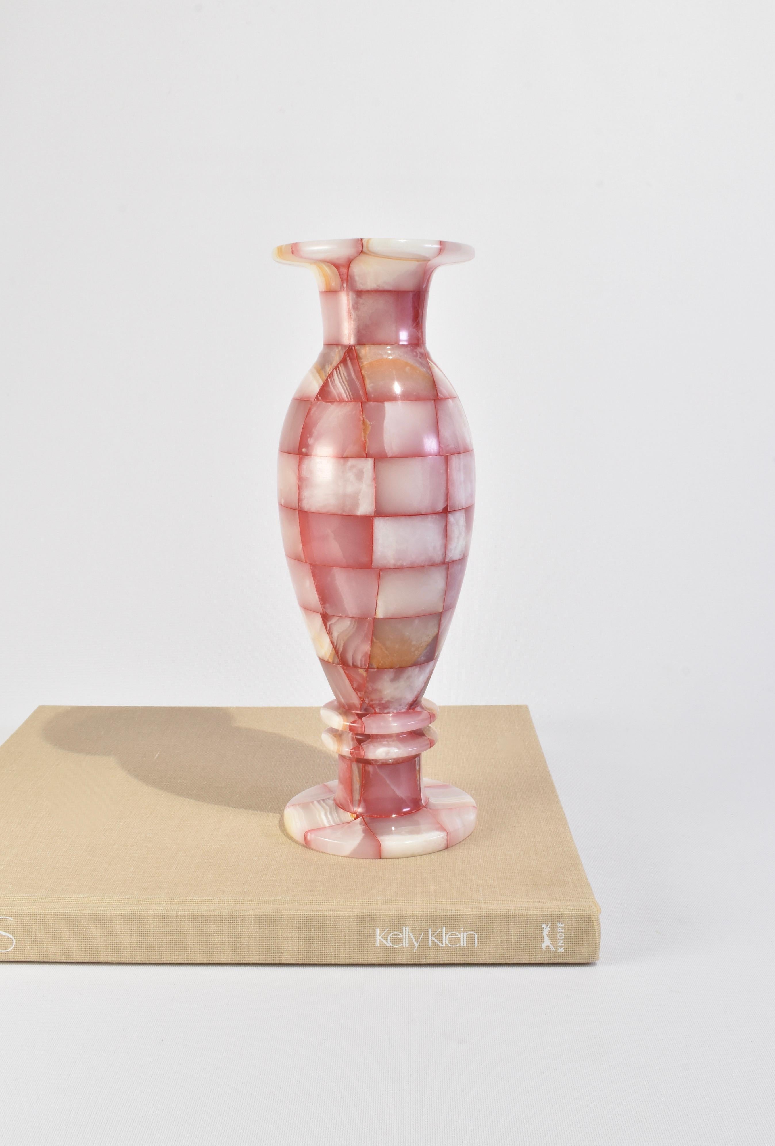Beautiful vintage vase in pink checkered onyx.