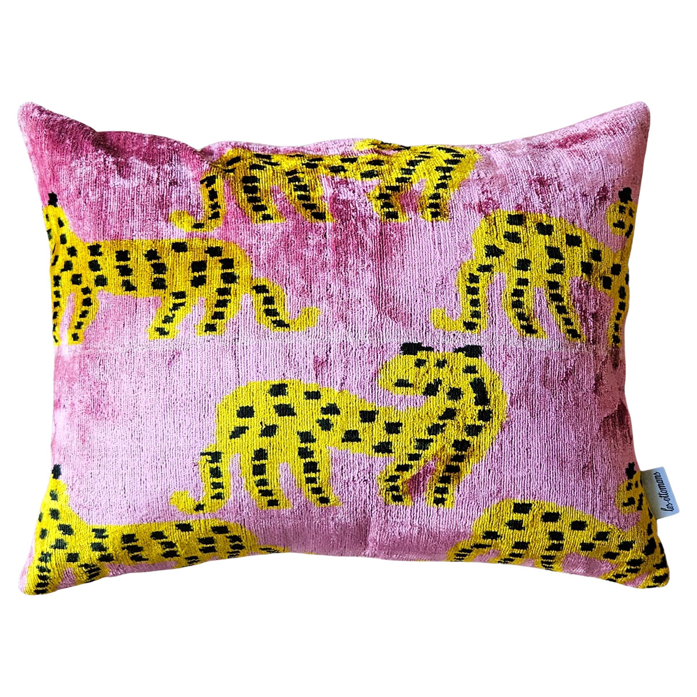 Pink Cheetas Silk Velvet Handmade Pillow For Sale