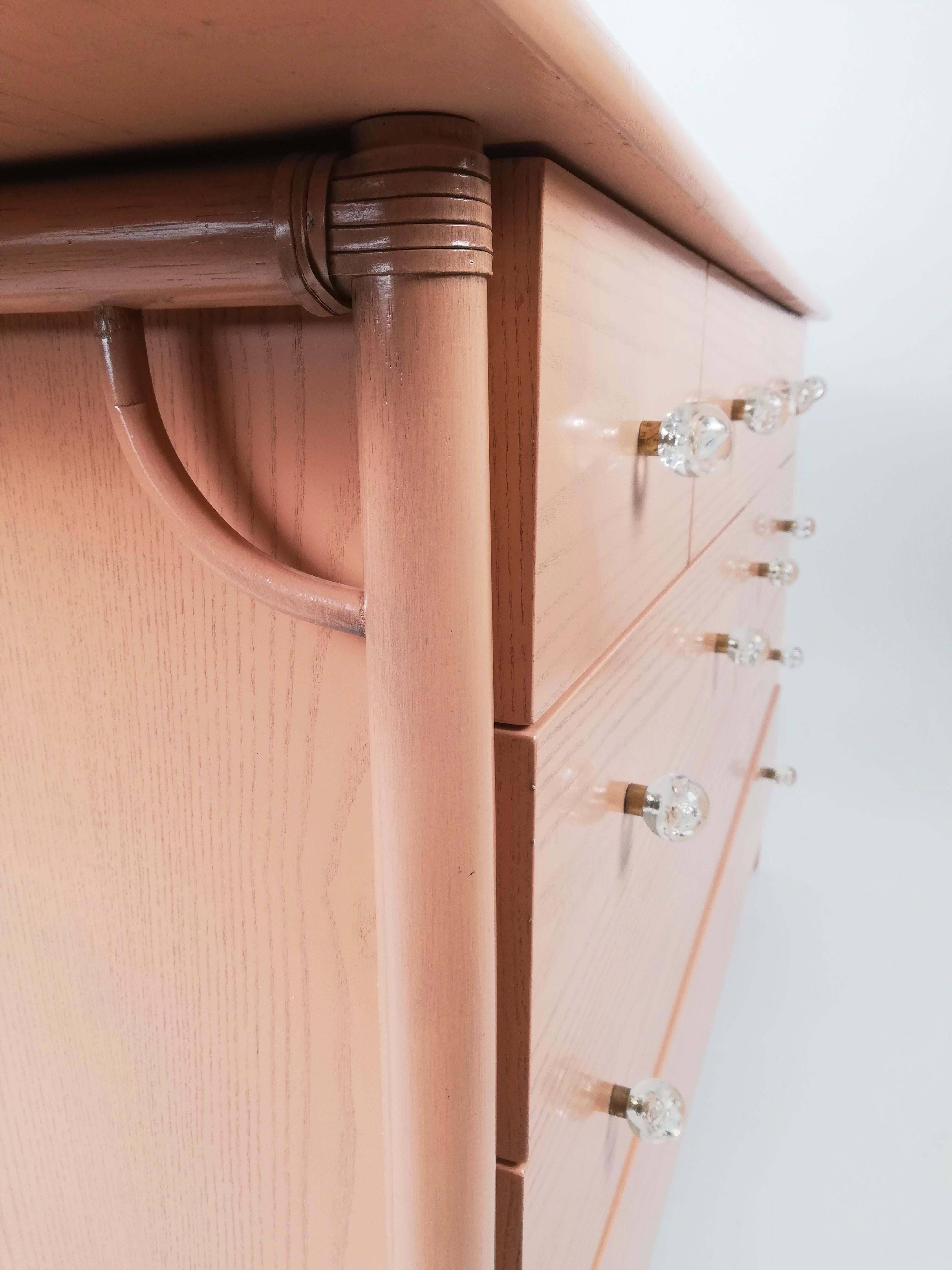 Pink Chest of Drawers in Bamboo, Oak Wood and Leather by Italo Gasparucci For Sale 4