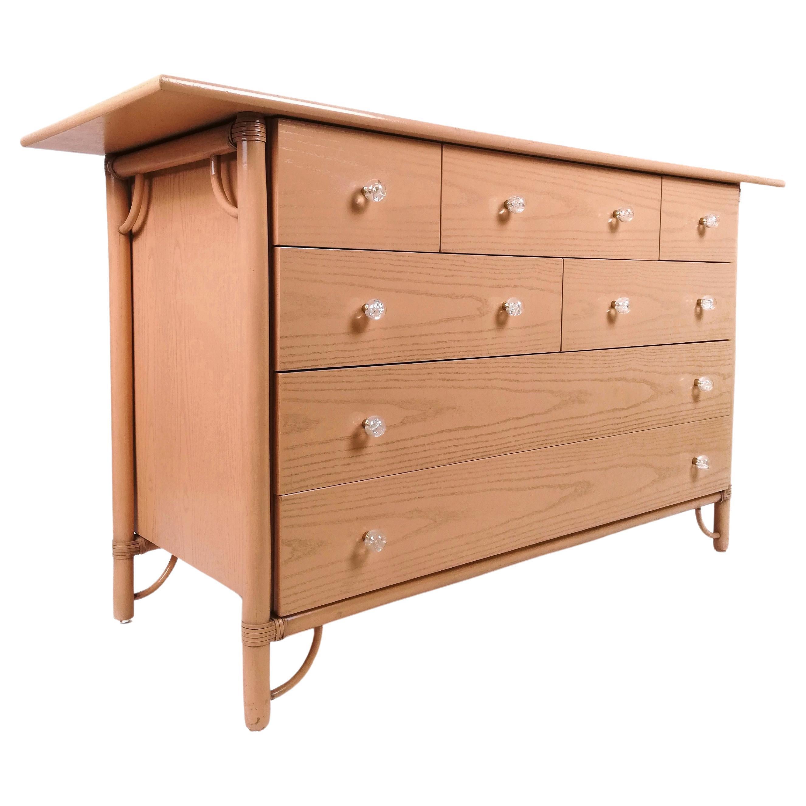 Pink Chest of Drawers in Bamboo, Oak Wood and Leather by Italo Gasparucci