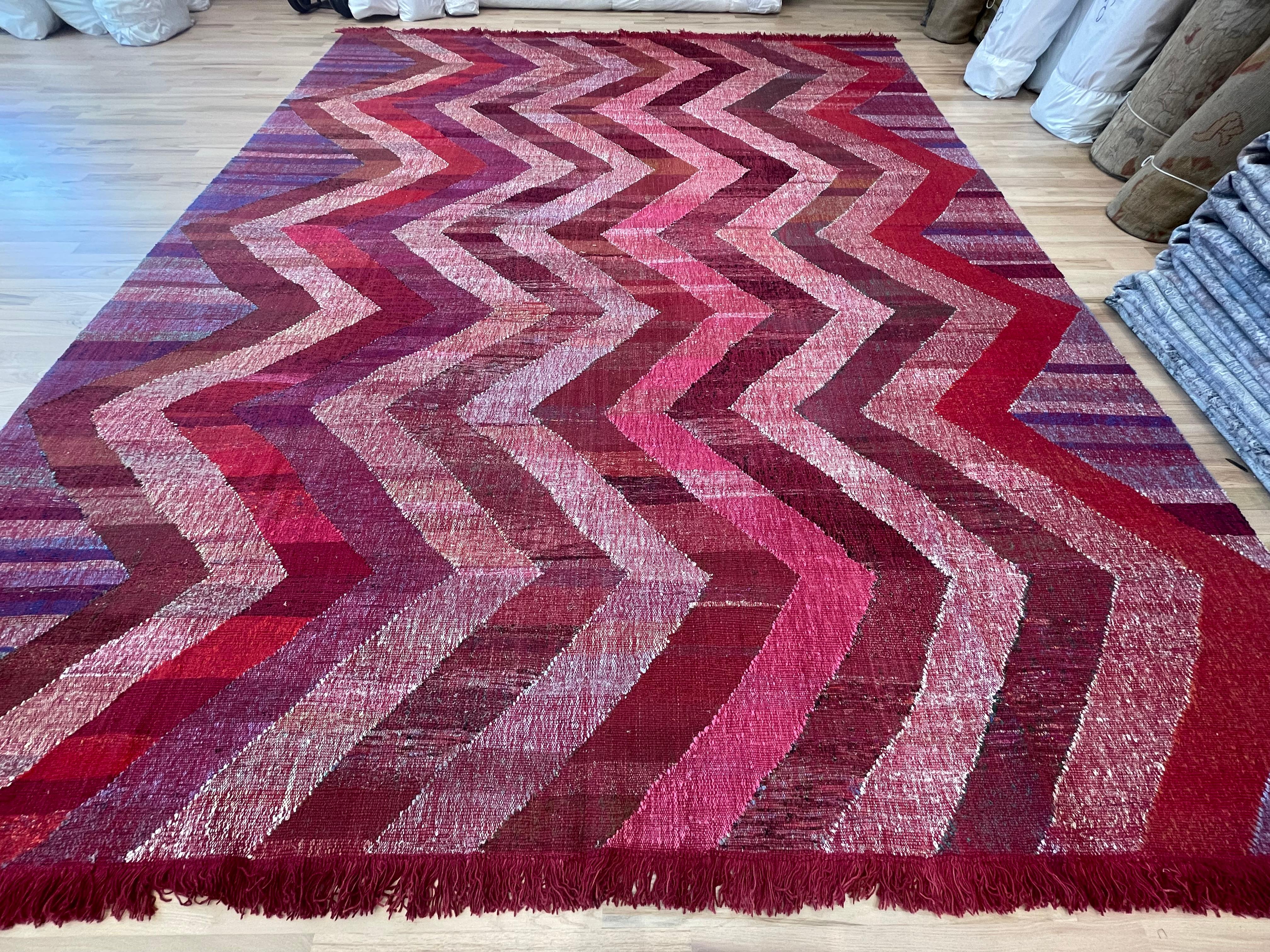 Hand-Knotted Pink Chevron Turkish Kilim  For Sale