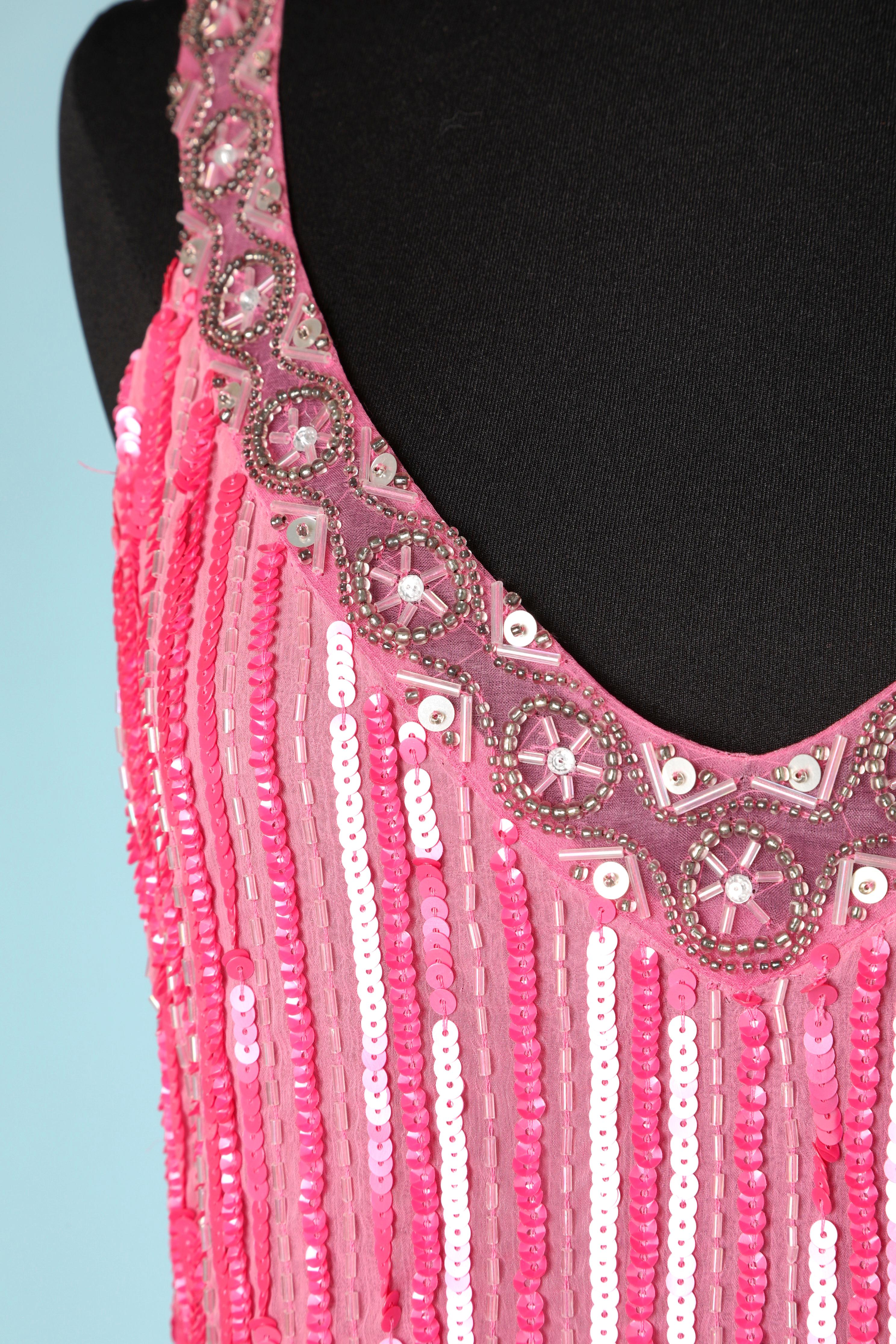 Pink chiffon dress fully embroidered with feathers and chiffon fringes