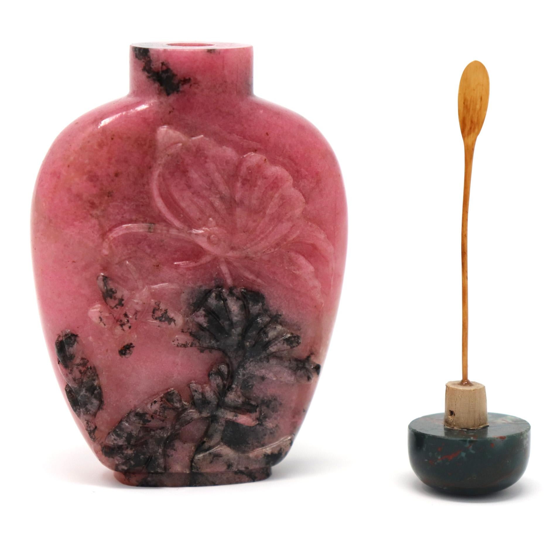 Carved Pink Chinese Rhodonite Snuff Bottle