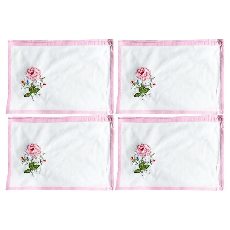 Pink Chinoiserie Floral Motif Fabric Placemats, Set of 4 For Sale