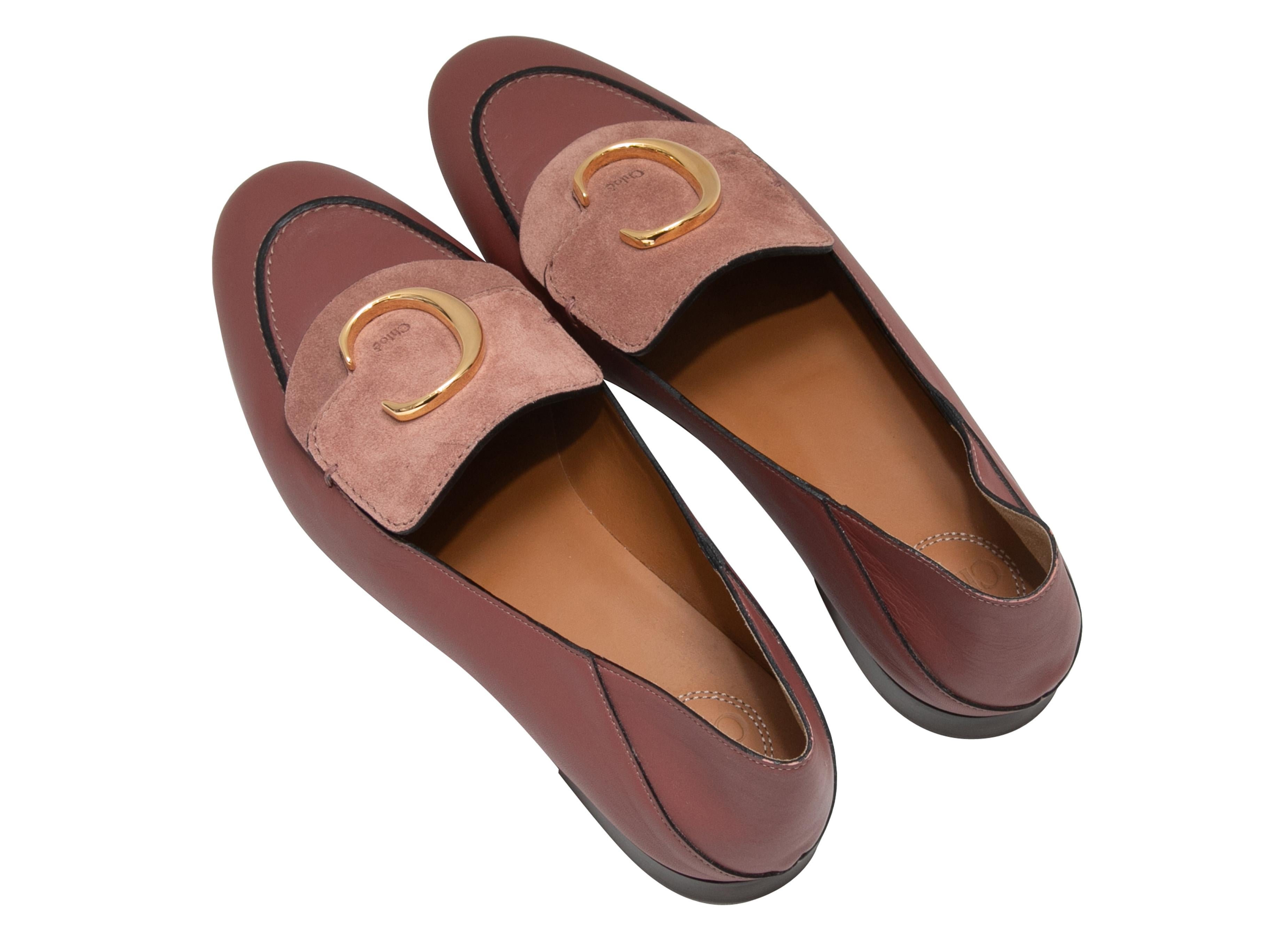 Brown Pink Chloe Leather & Suede Logo Loafers Size 41 For Sale