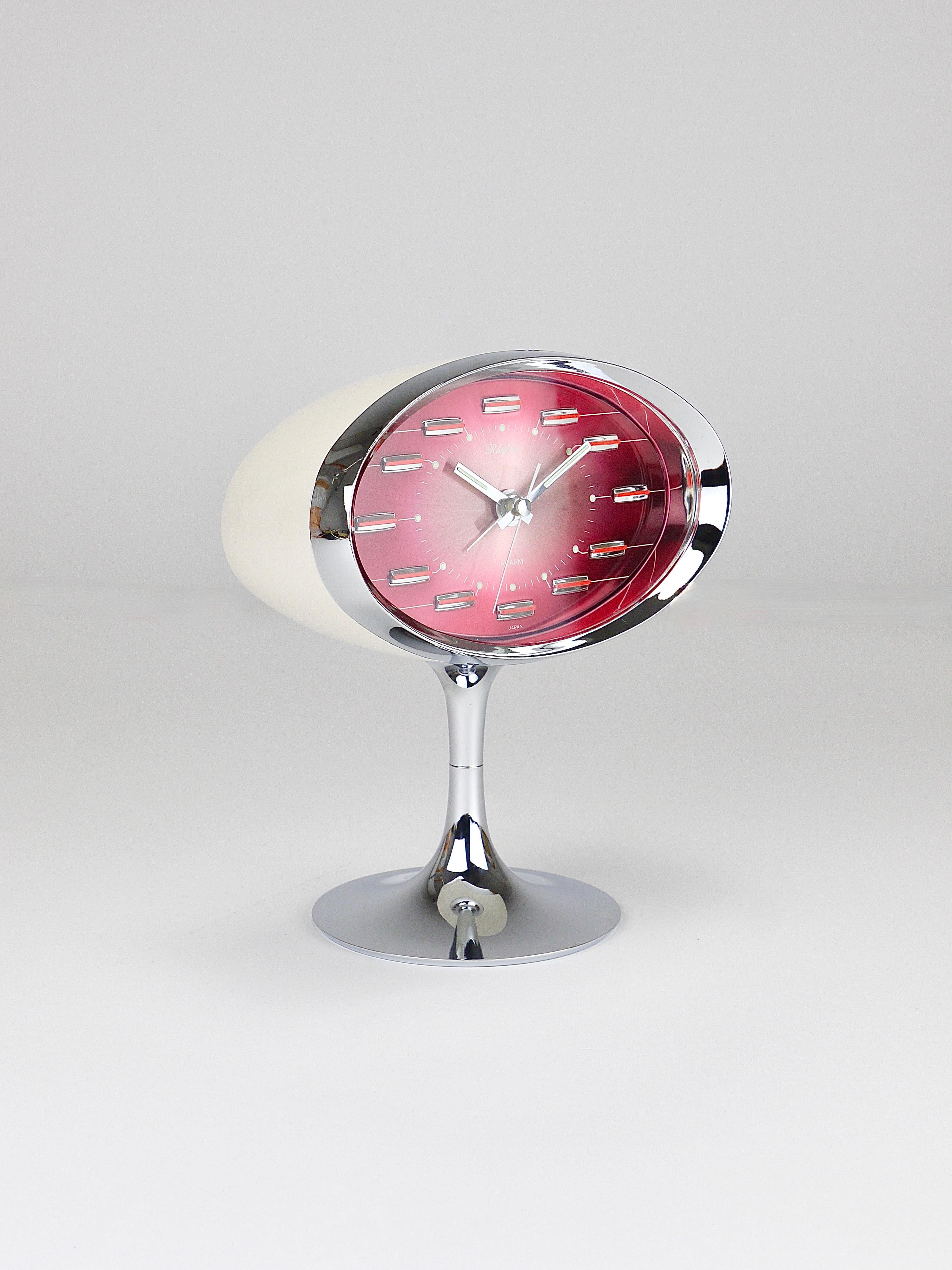 Pink & Chrome Space Age Table Desk Alarm Clock, Tulip Base, Rhythm Japan, 1970s For Sale 4