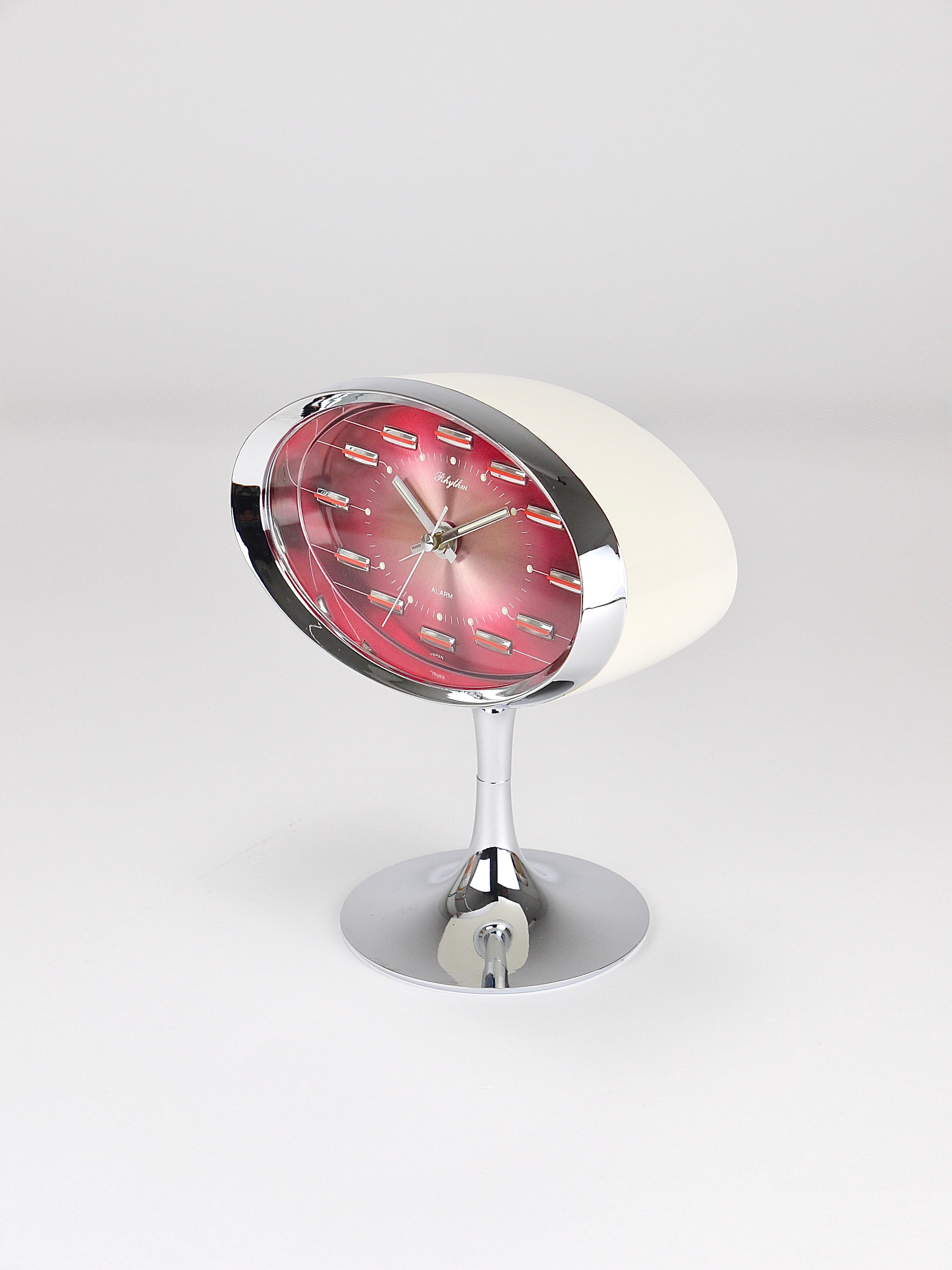 Pink & Chrome Space Age Table Desk Alarm Clock, Tulip Base, Rhythm Japan, 1970s For Sale 5