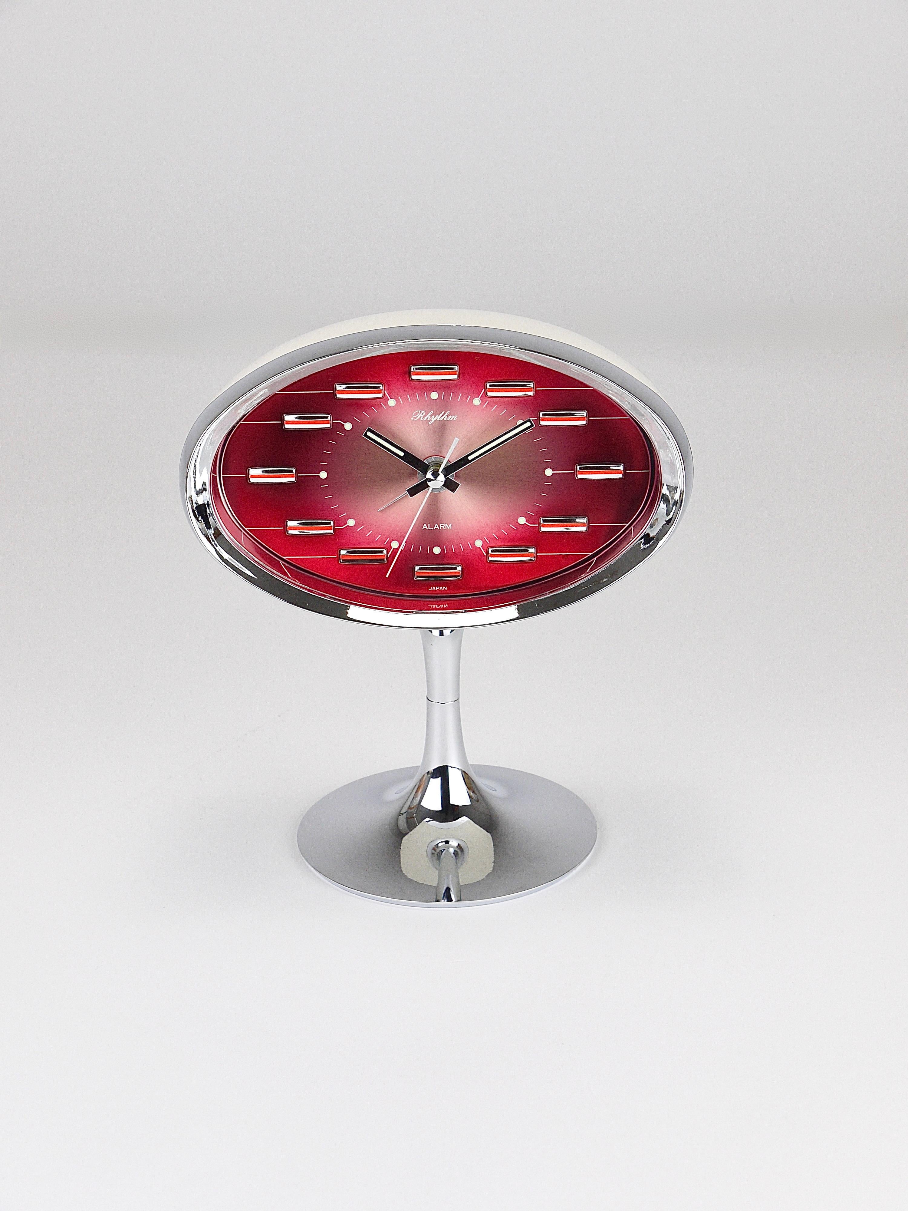 Pink & Chrome Space Age Table Desk Alarm Clock, Tulip Base, Rhythm Japan, 1970s For Sale 6