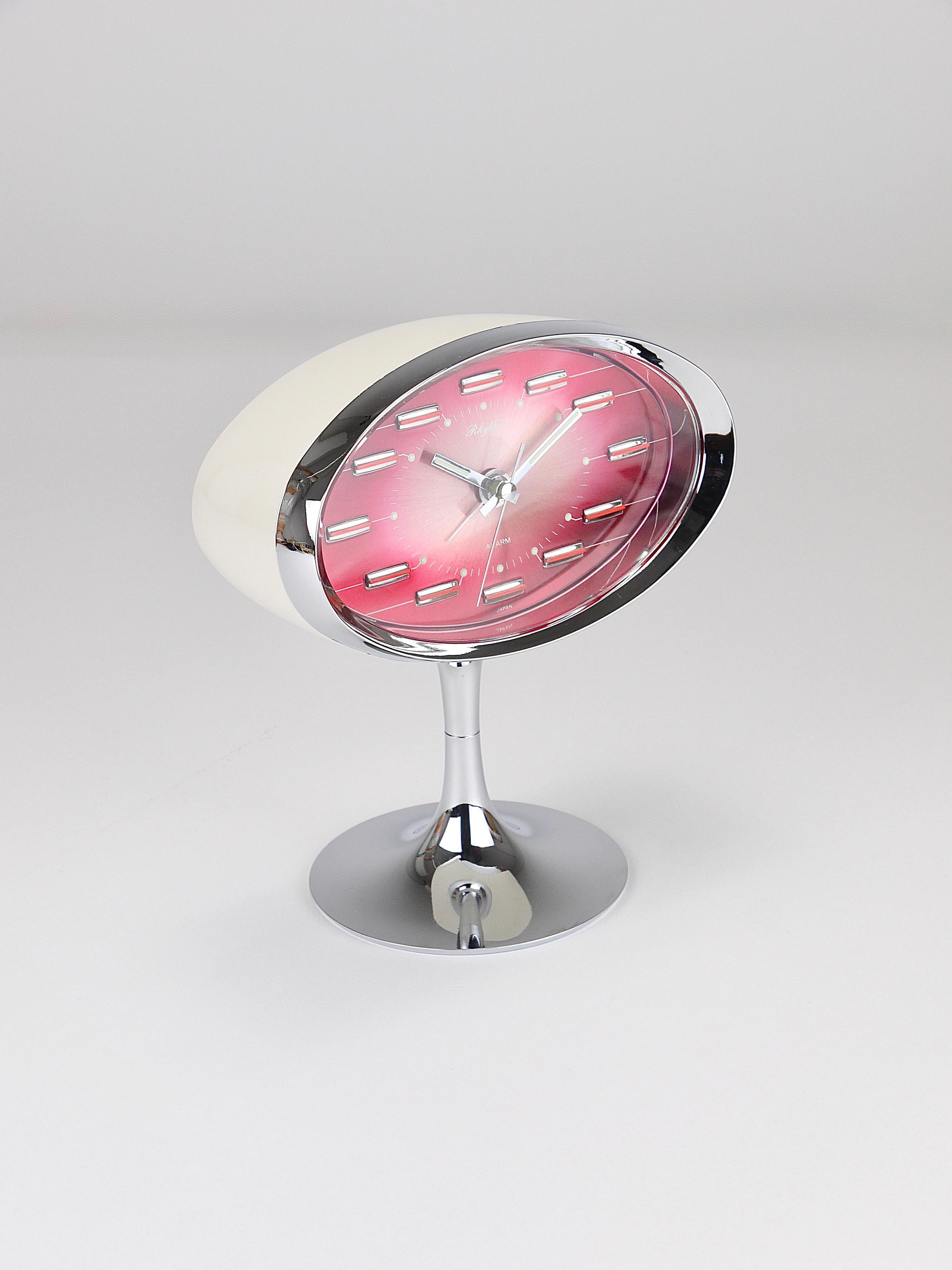 Pink & Chrome Space Age Table Desk Alarm Clock, Tulip Base, Rhythm Japan, 1970s For Sale 7