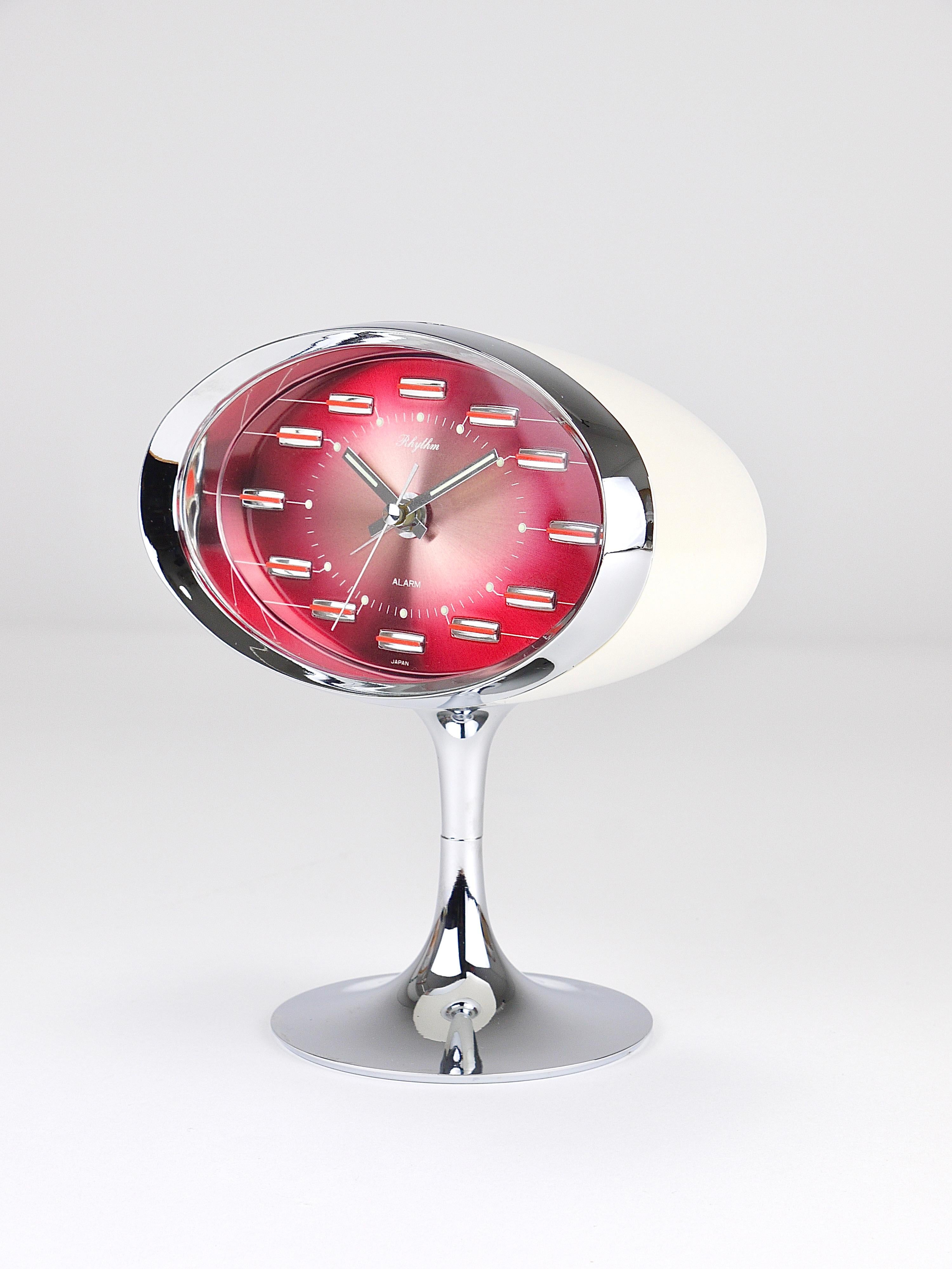 Mid-Century Modern Pink & Chrome Space Age Table Desk Alarm Clock, Tulip Base, Rhythm Japan, 1970s For Sale