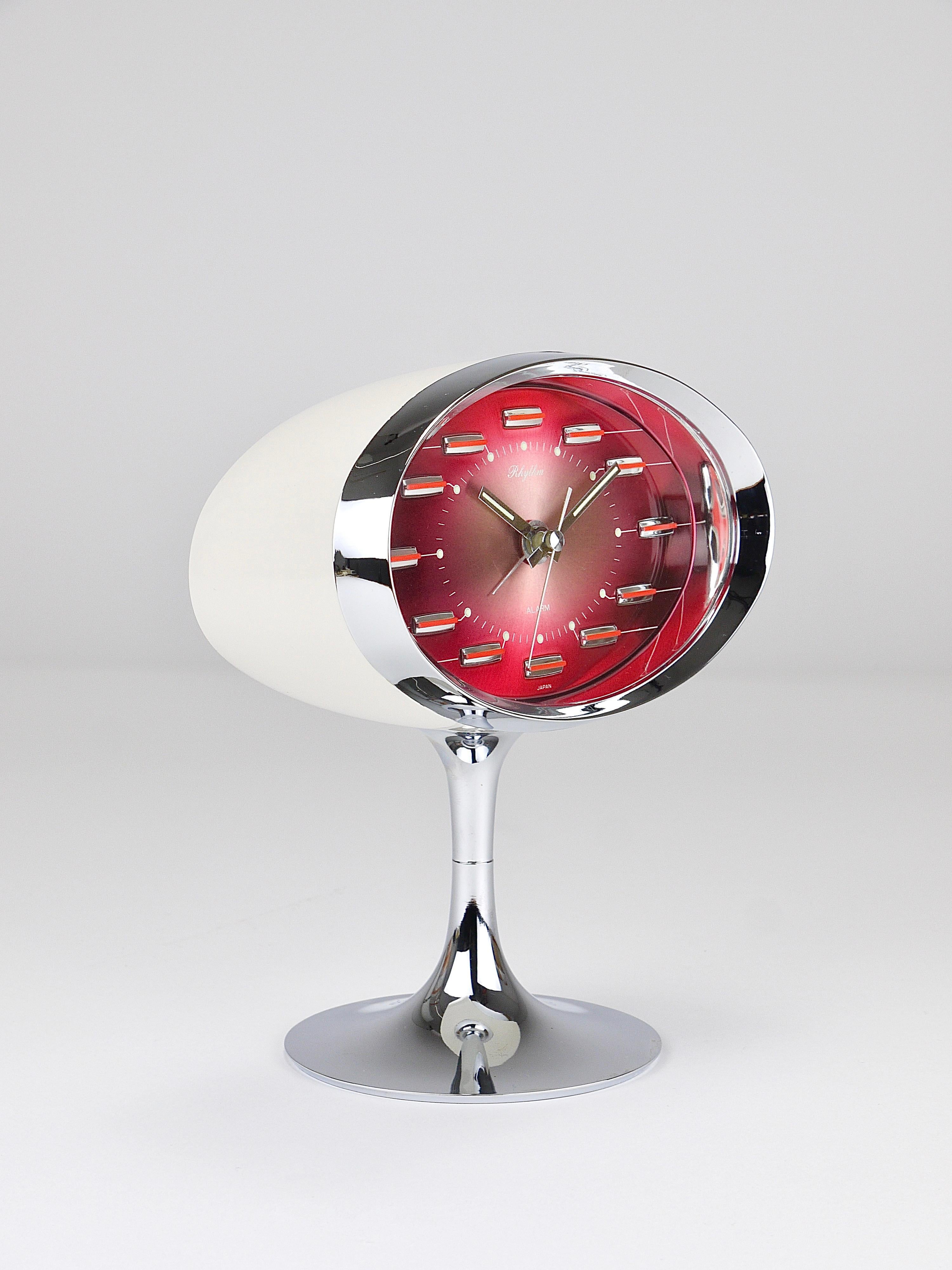 Japanese Pink & Chrome Space Age Table Desk Alarm Clock, Tulip Base, Rhythm Japan, 1970s For Sale