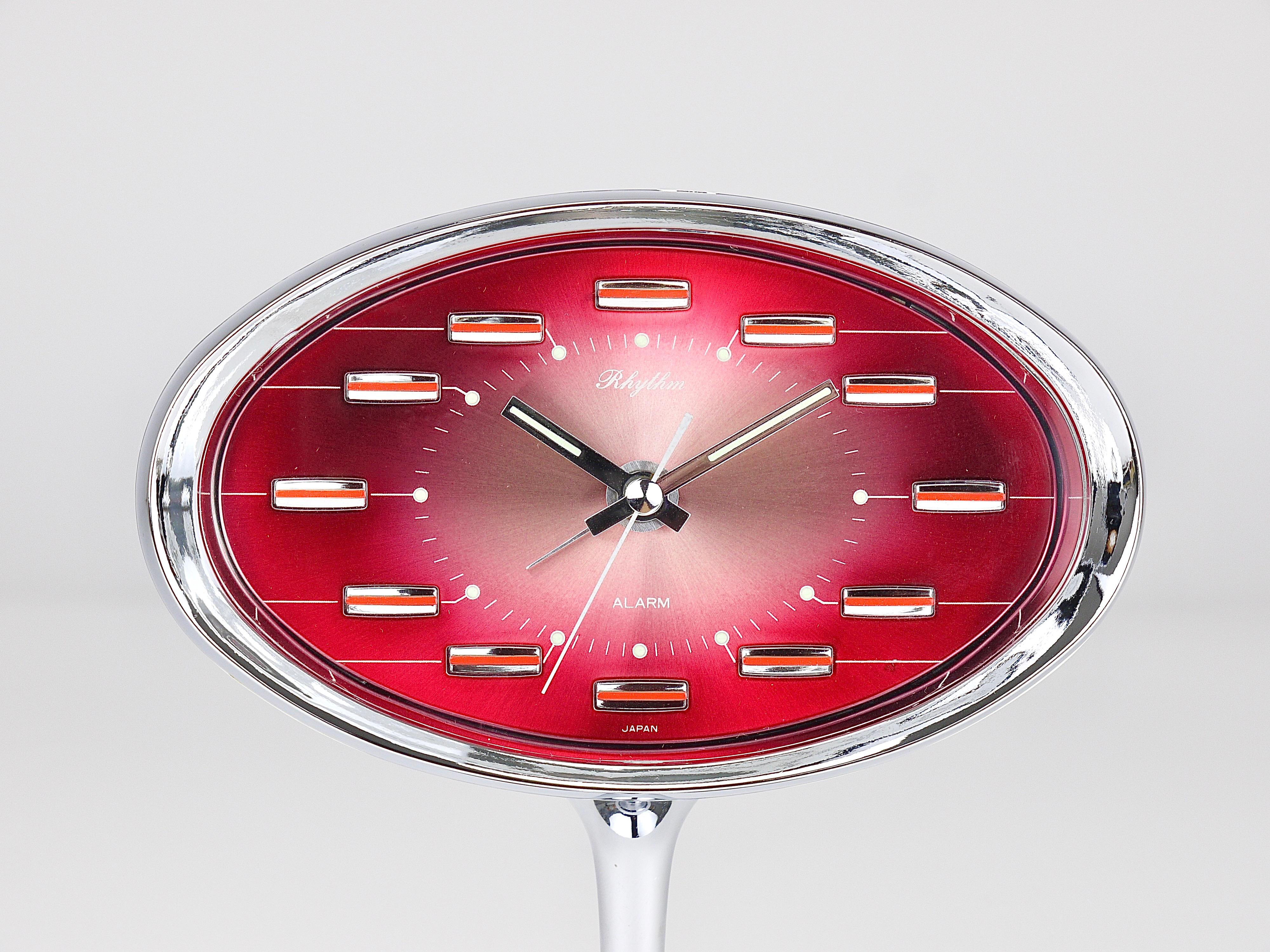20th Century Pink & Chrome Space Age Table Desk Alarm Clock, Tulip Base, Rhythm Japan, 1970s For Sale