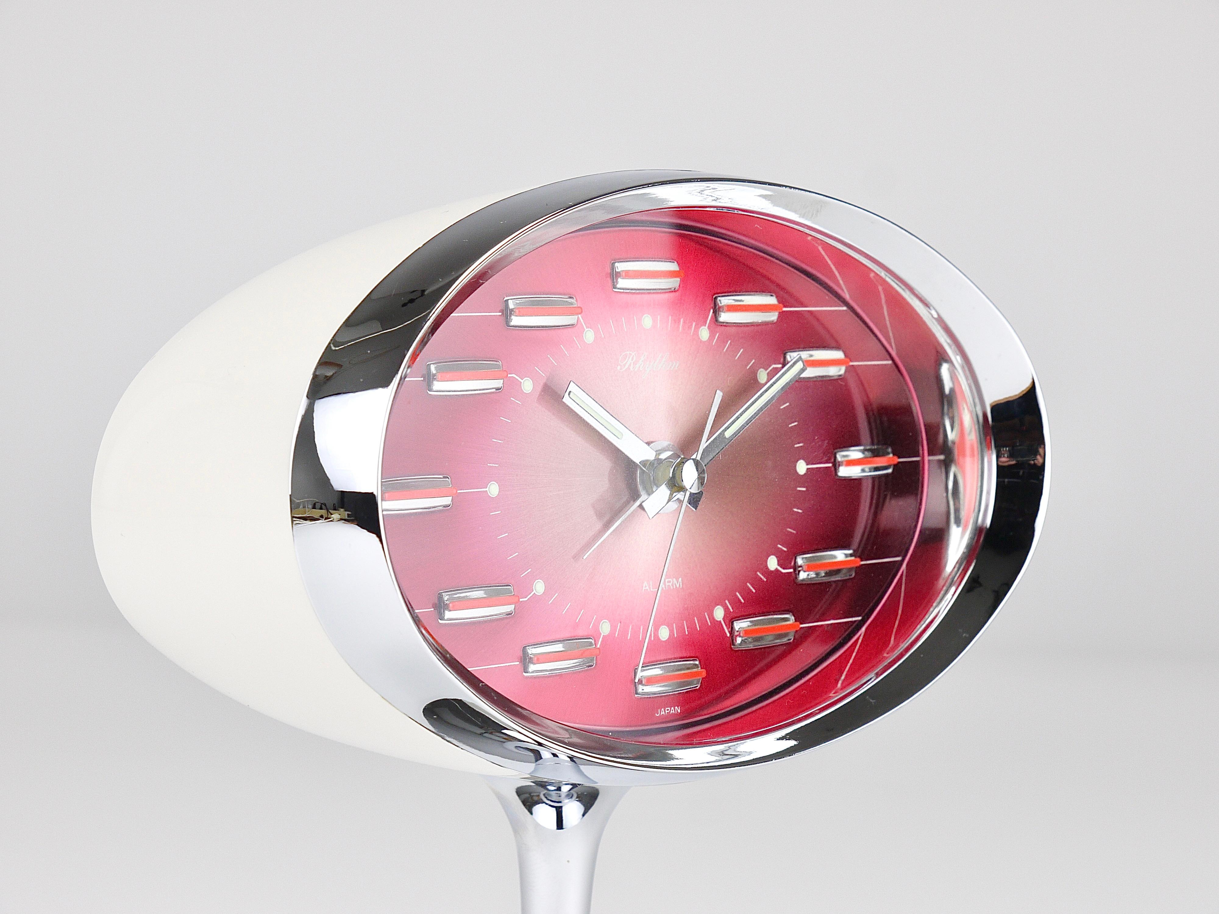 Pink & Chrome Space Age Table Desk Alarm Clock, Tulip Base, Rhythm Japan, 1970s For Sale 1