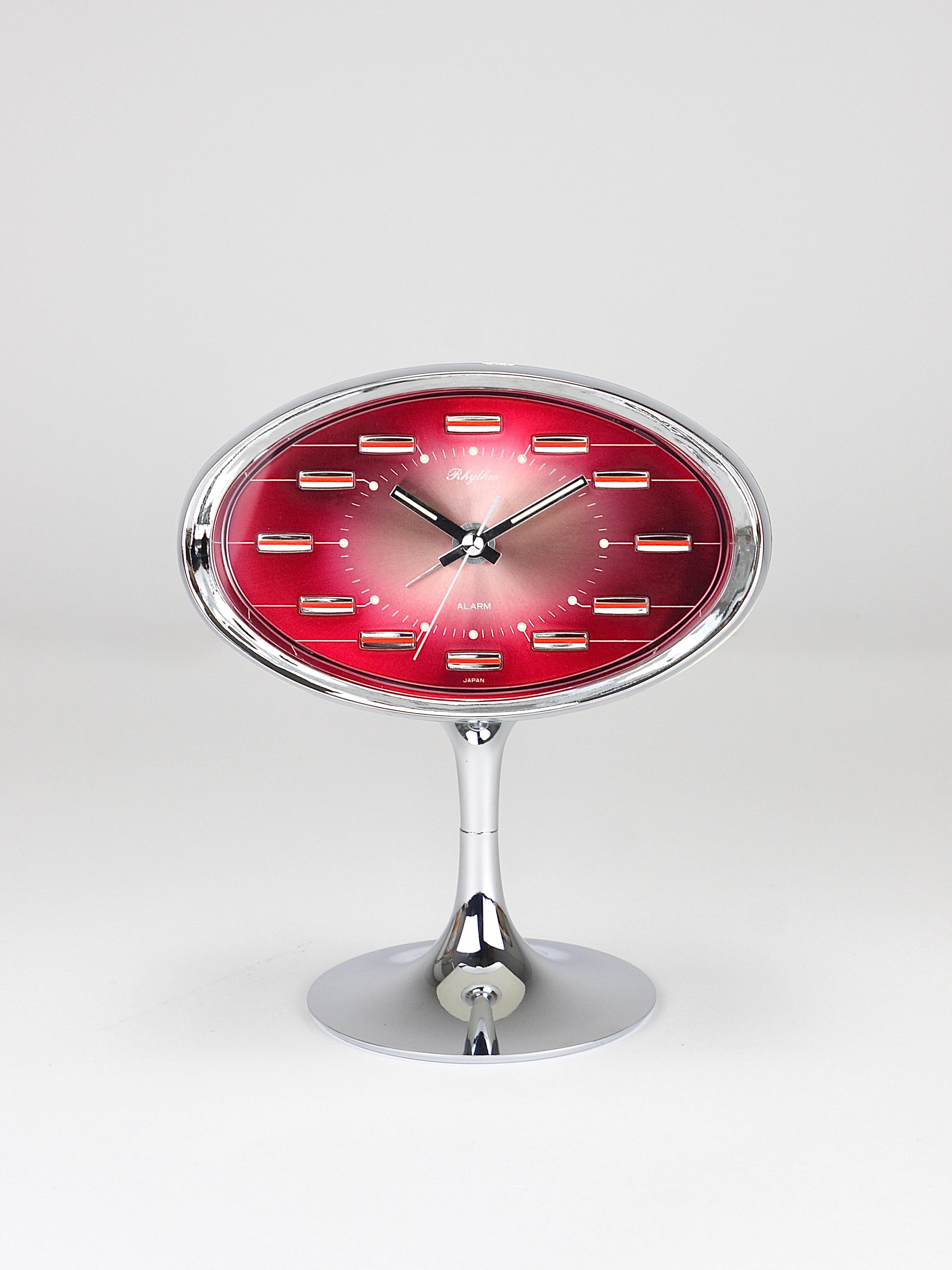 Pink & Chrome Space Age Table Desk Alarm Clock, Tulip Base, Rhythm Japan, 1970s For Sale 2